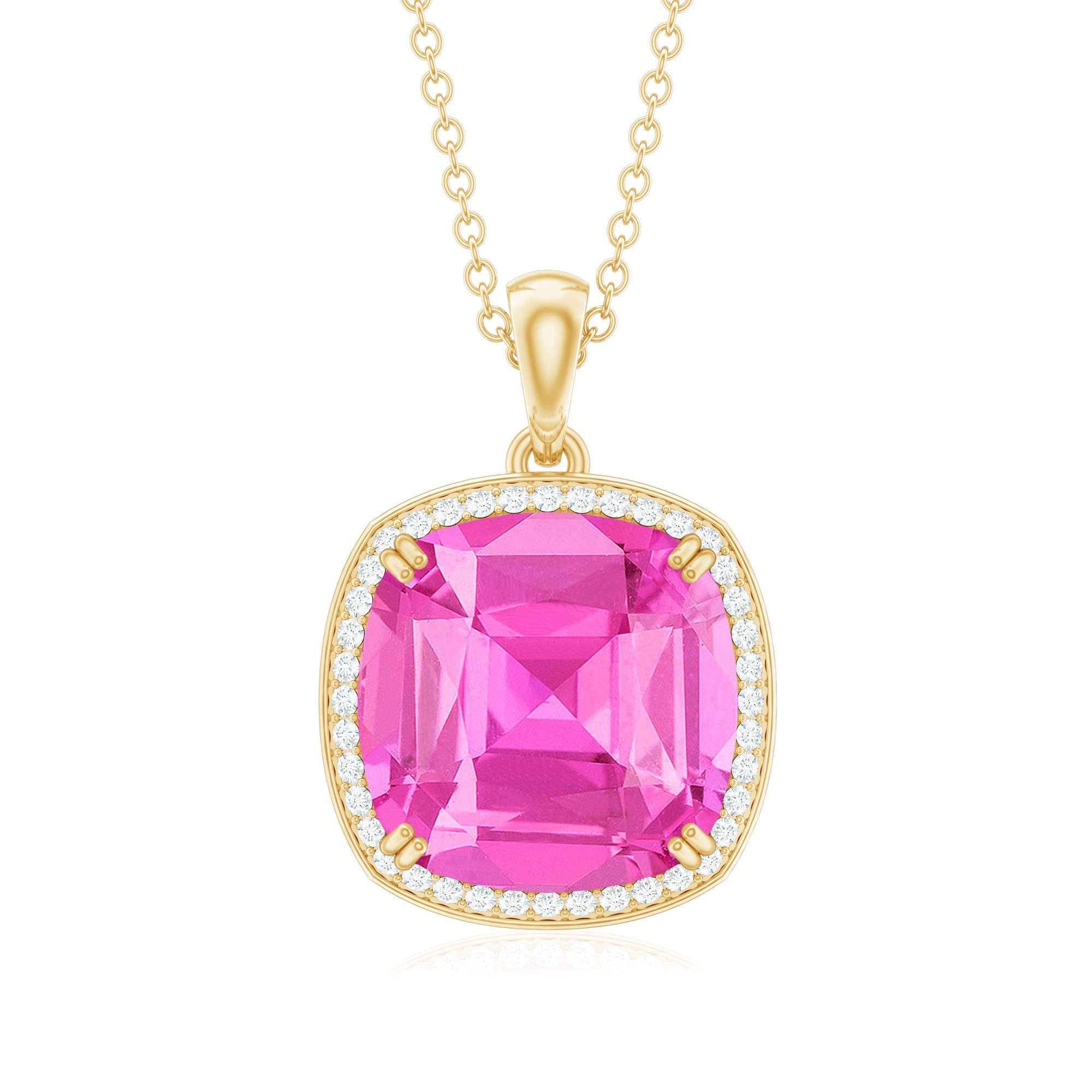 Created Pink Sapphire and Moissanite Halo Pendant Necklace