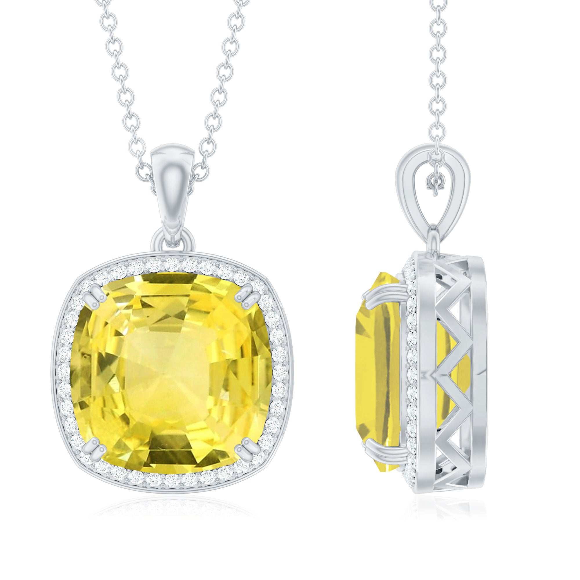 Classic Created Yellow Sapphire and Moissanite Halo Pendant Necklace