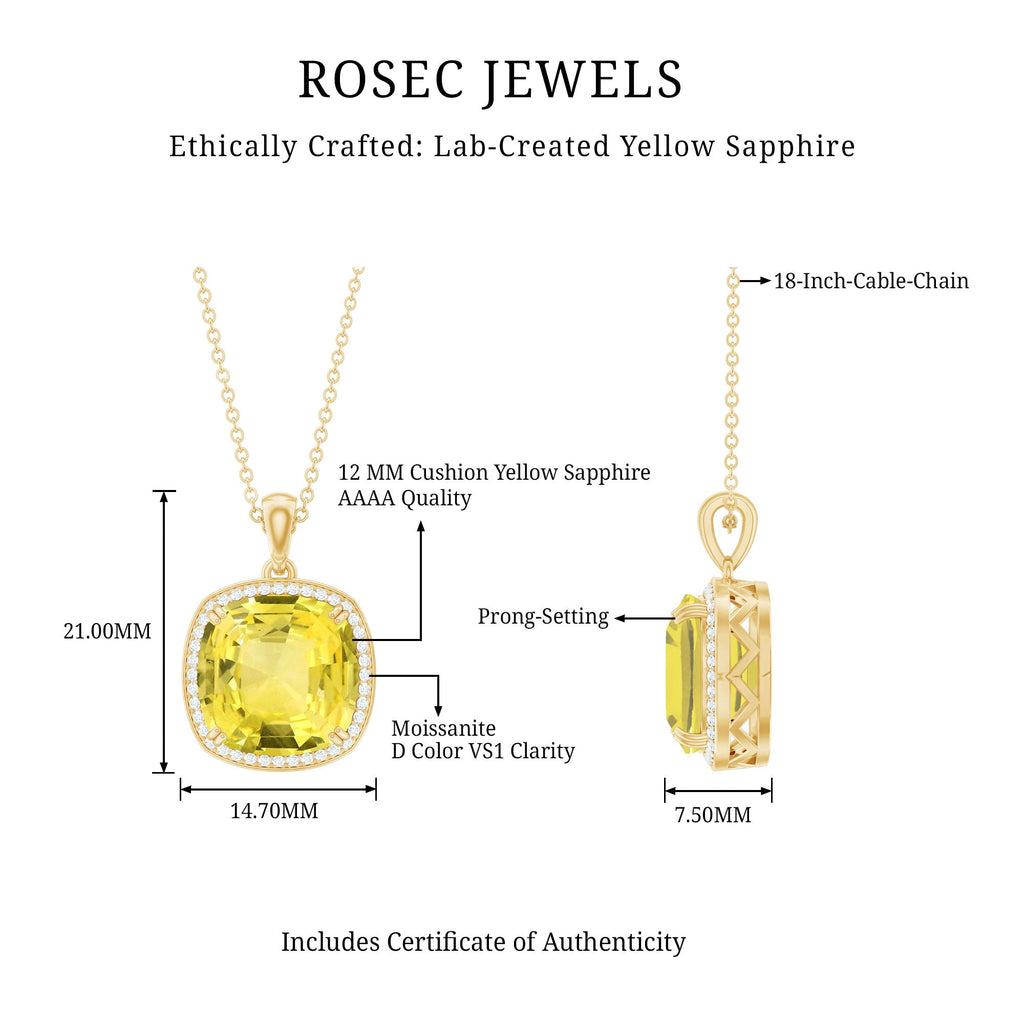 Classic Created Yellow Sapphire and Moissanite Halo Pendant Necklace