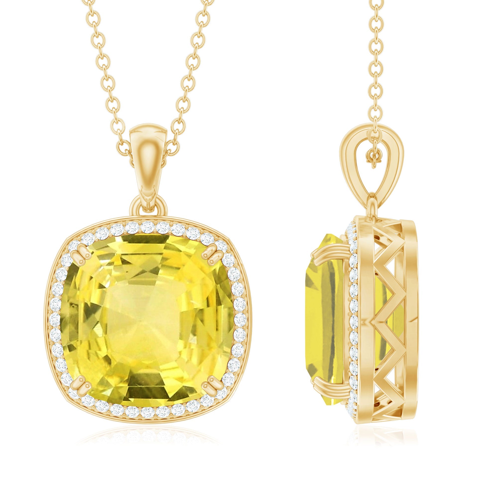 Classic Created Yellow Sapphire and Moissanite Halo Pendant Necklace