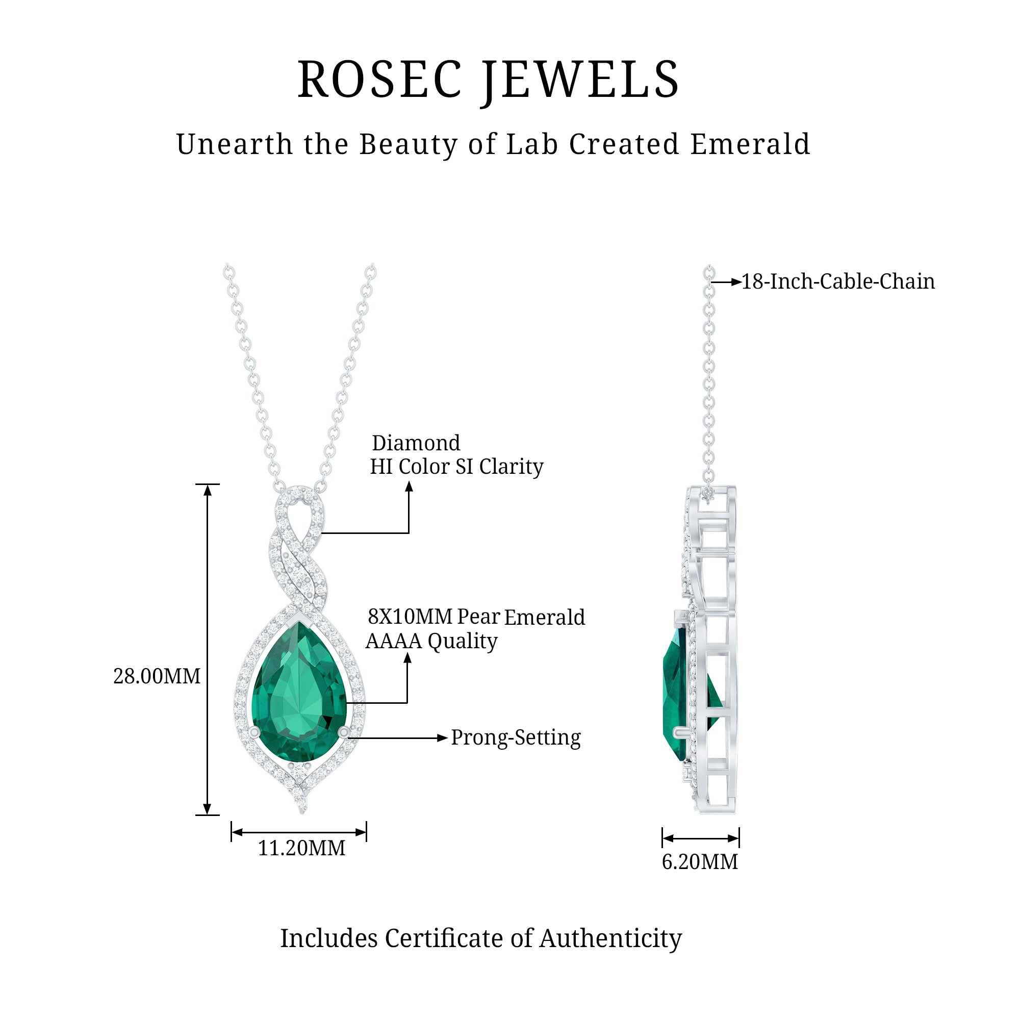 Certified 8X10 MM Lab Grown Emerald and Diamond Bridal Necklace