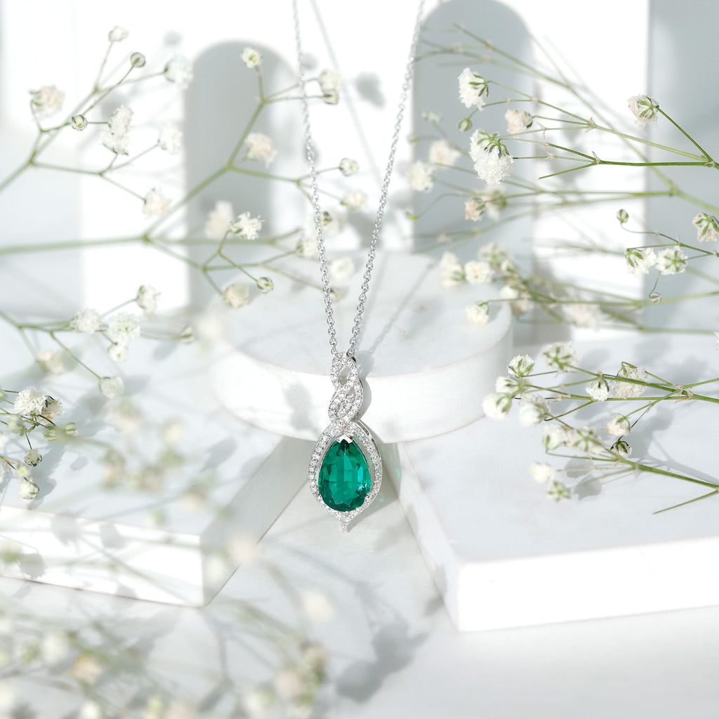 Certified 8X10 MM Lab Grown Emerald and Diamond Bridal Necklace