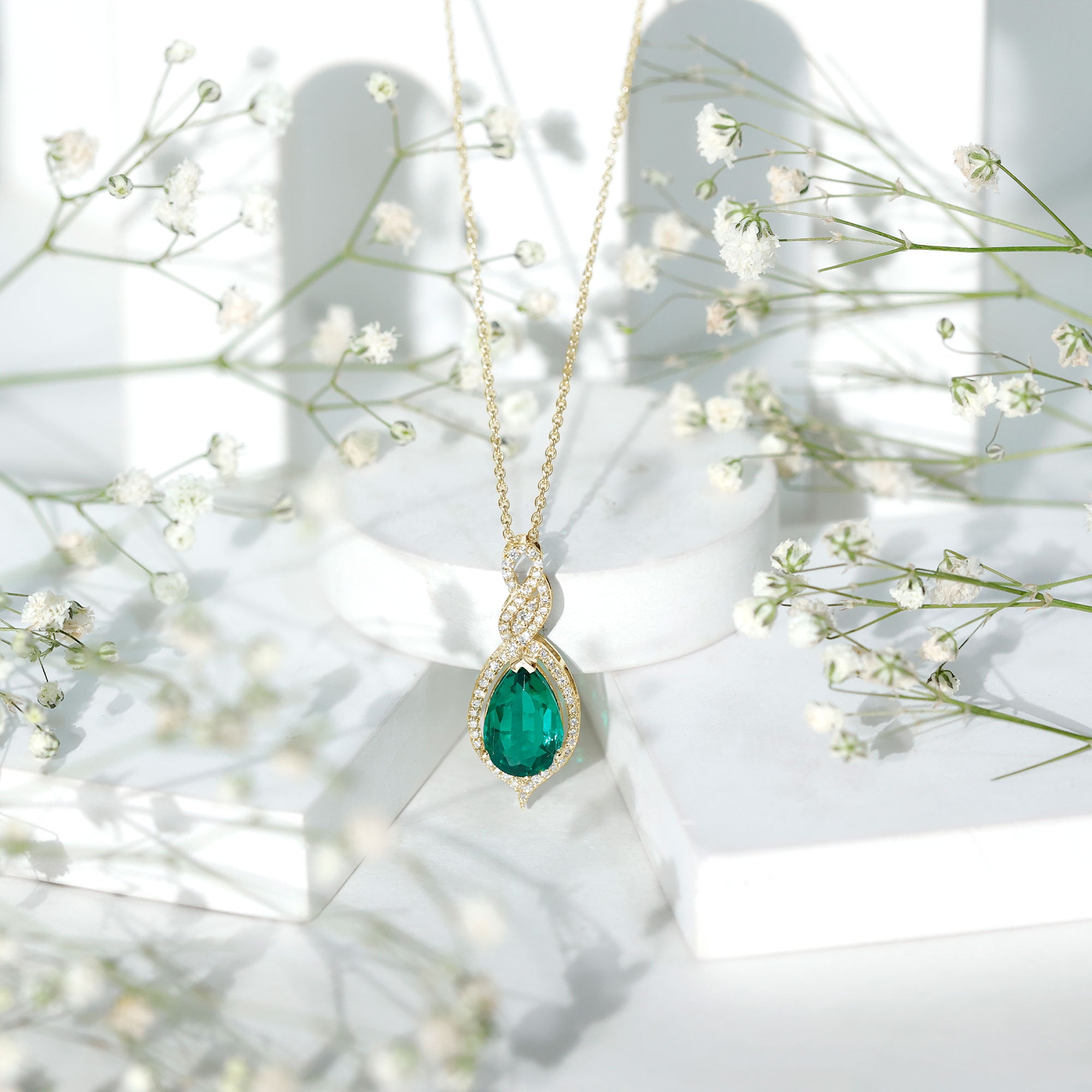 Certified 8X10 MM Lab Grown Emerald and Diamond Bridal Necklace