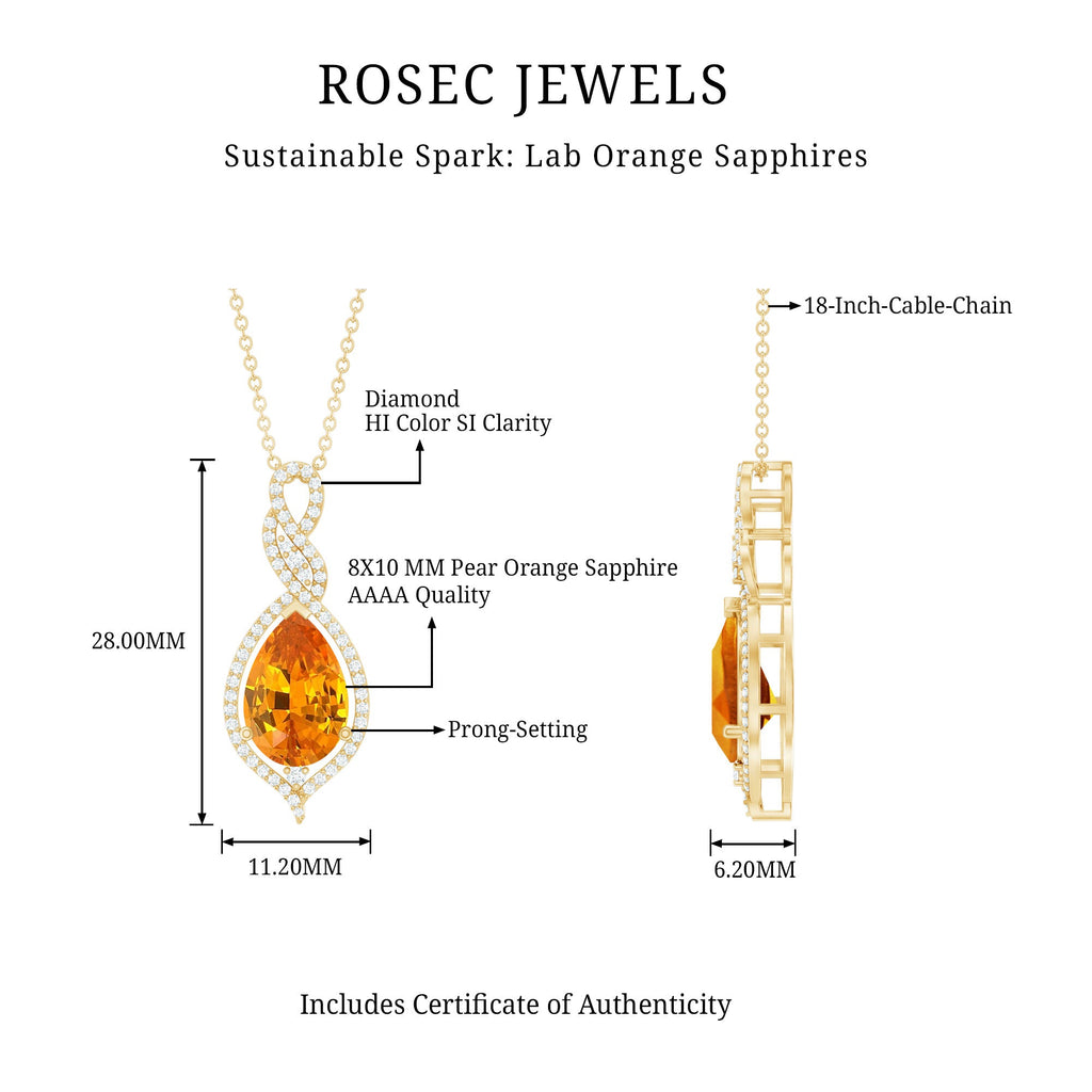 Created Orange Sapphire and Diamond Teardrop Dangle Pendant