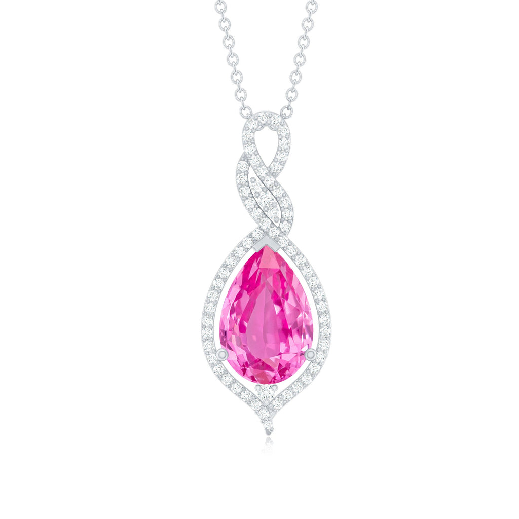 Pear Cut Created Pink Sapphire and Diamond Teardrop Pendant