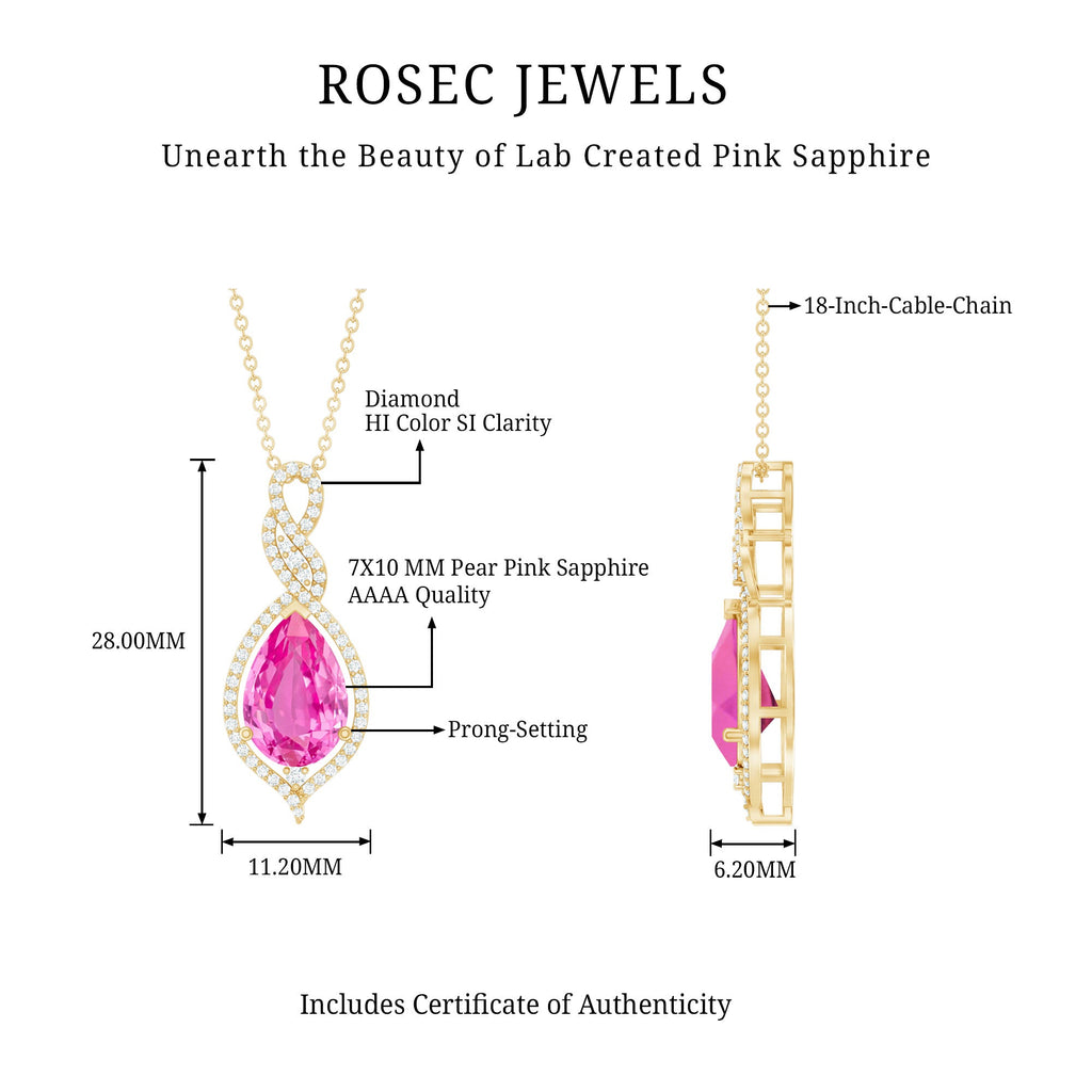 Pear Cut Created Pink Sapphire and Diamond Teardrop Pendant