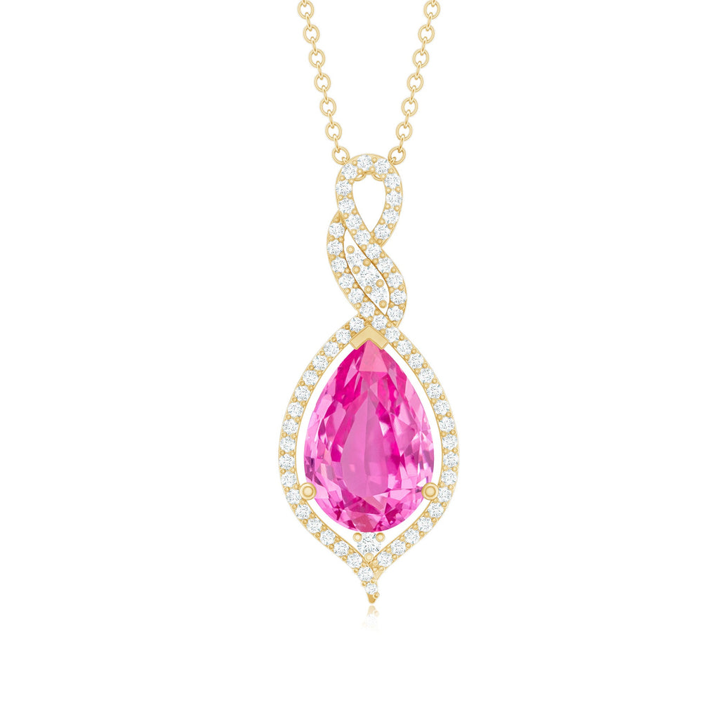 Pear Cut Created Pink Sapphire and Diamond Teardrop Pendant