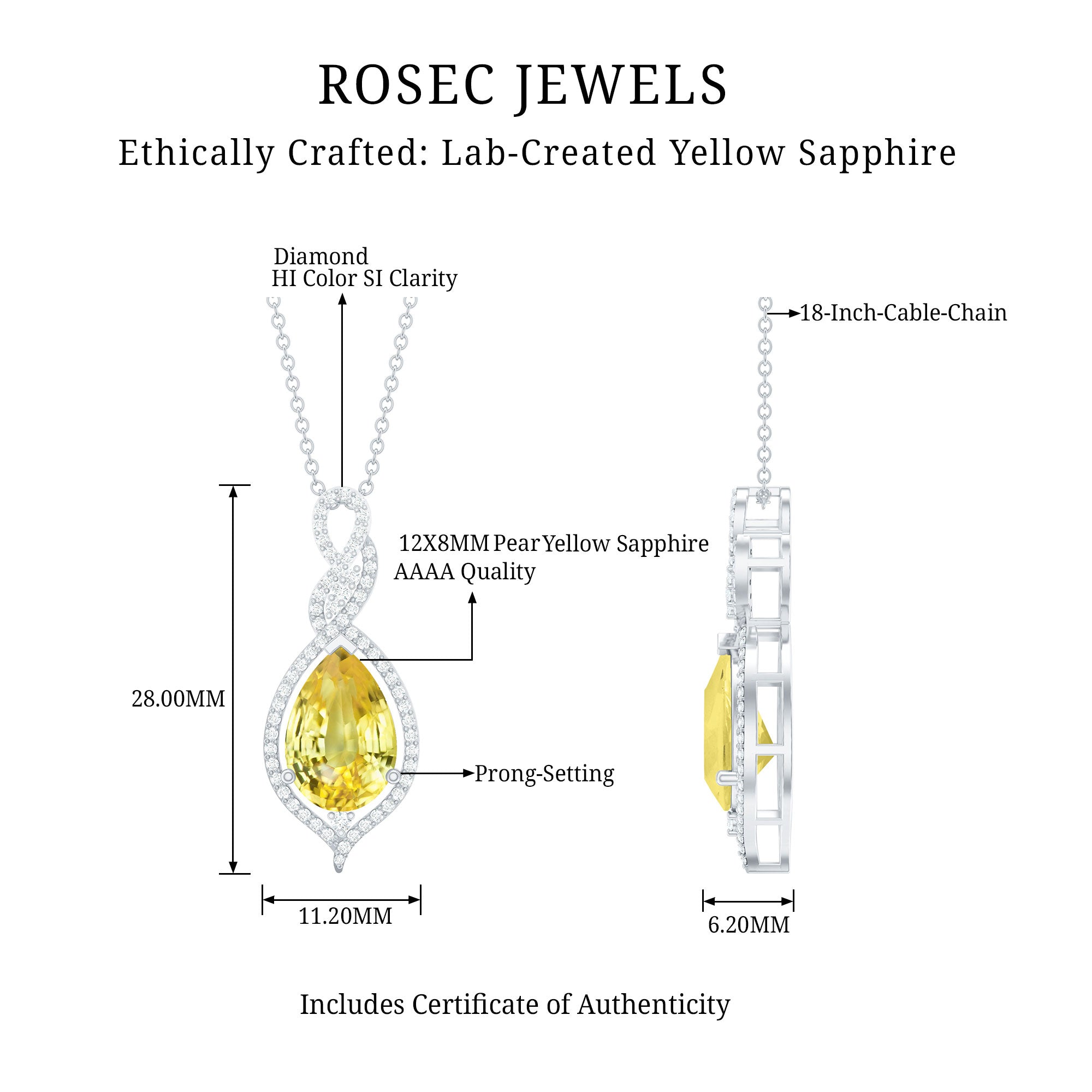 4 Carat Lab Grown Yellow Sapphire Teardrop Necklace with Diamonds