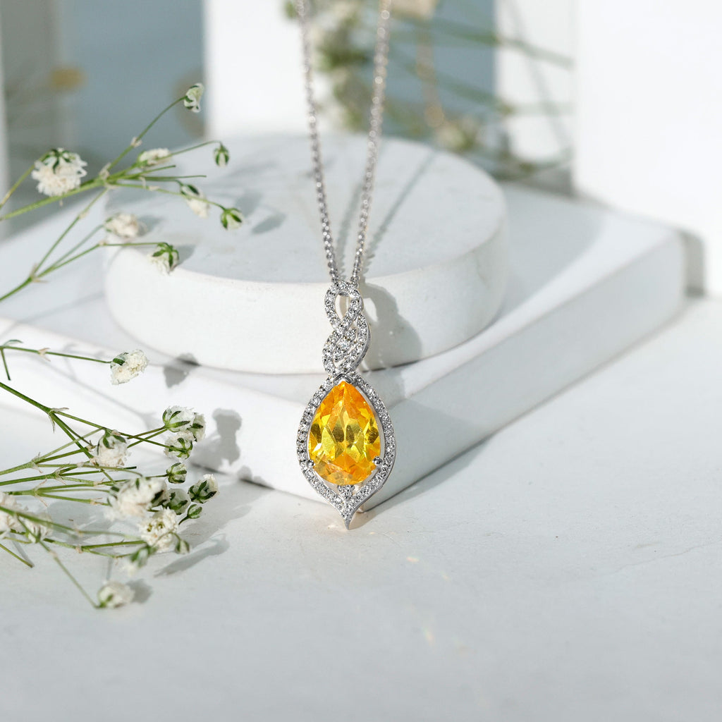4 Carat Lab Grown Yellow Sapphire Teardrop Necklace with Diamonds