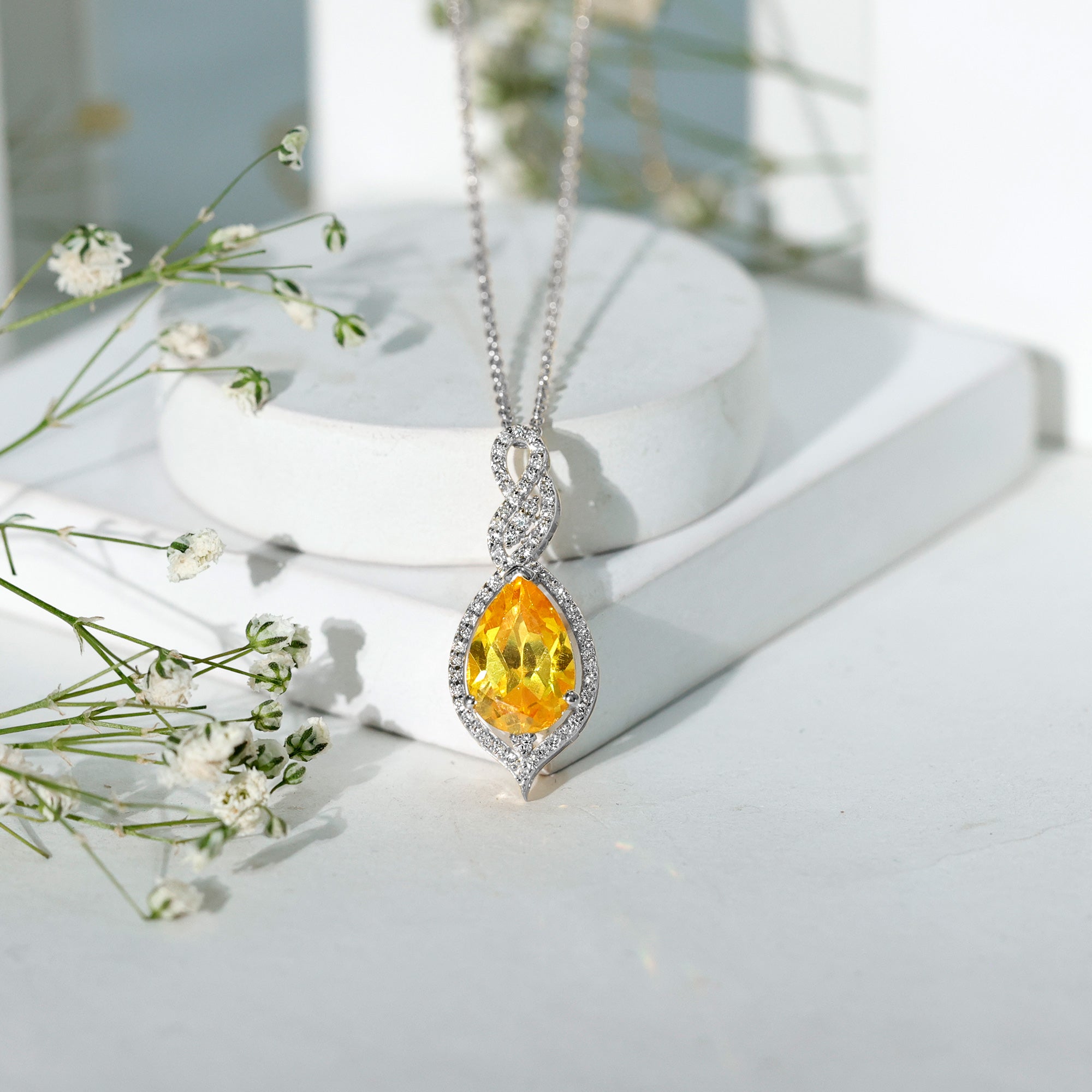 4 Carat Lab Grown Yellow Sapphire Teardrop Necklace with Diamonds