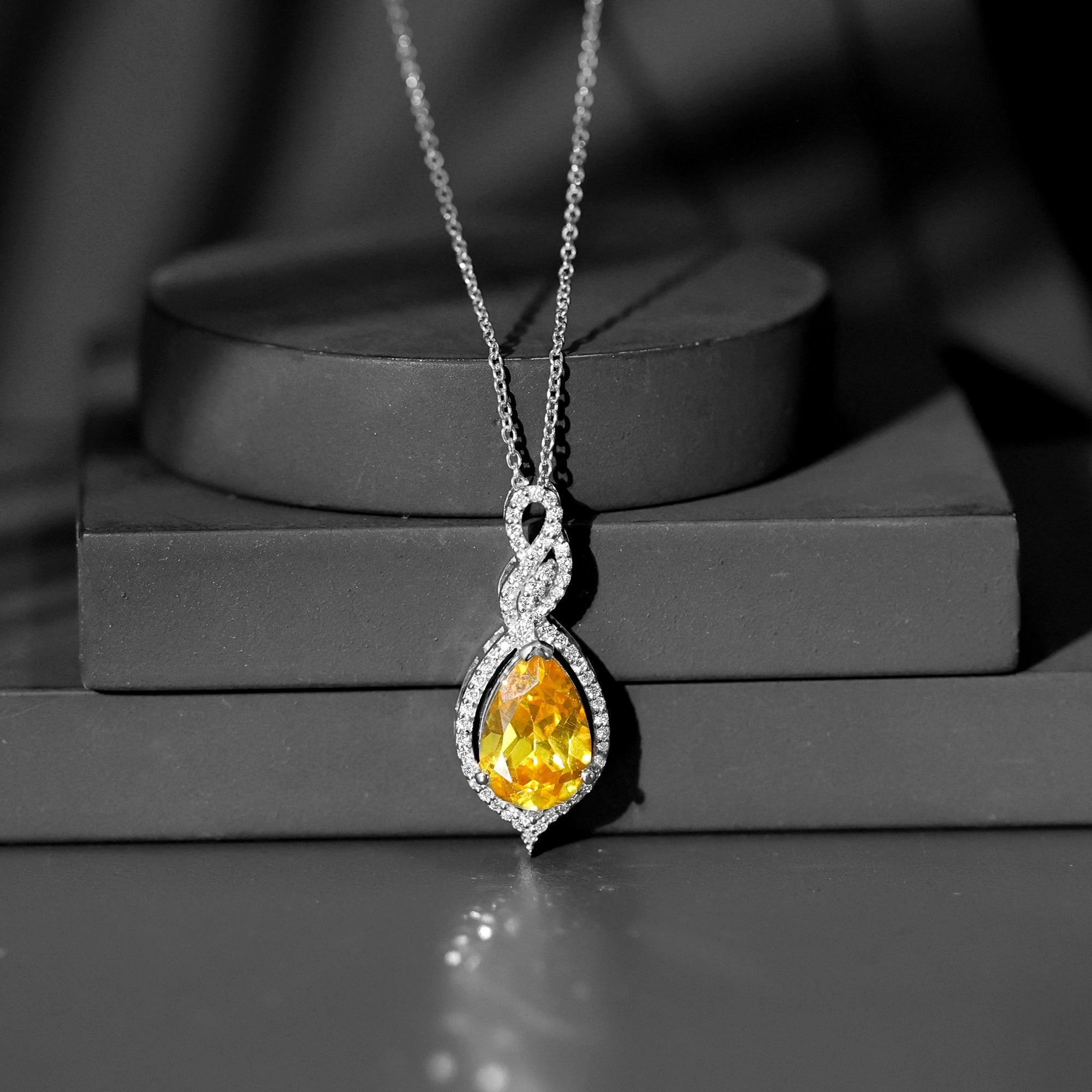 4 Carat Lab Grown Yellow Sapphire Teardrop Necklace with Diamonds