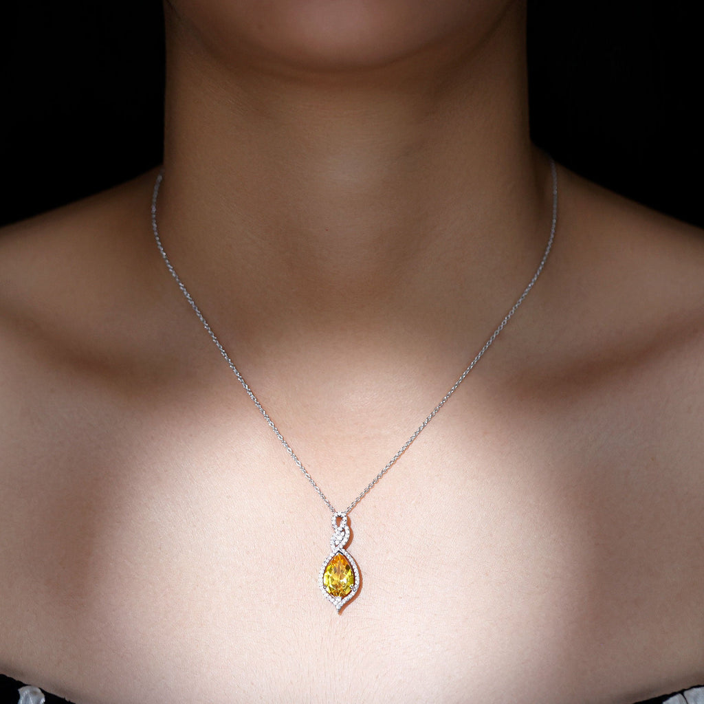 4 Carat Lab Grown Yellow Sapphire Teardrop Necklace with Diamonds