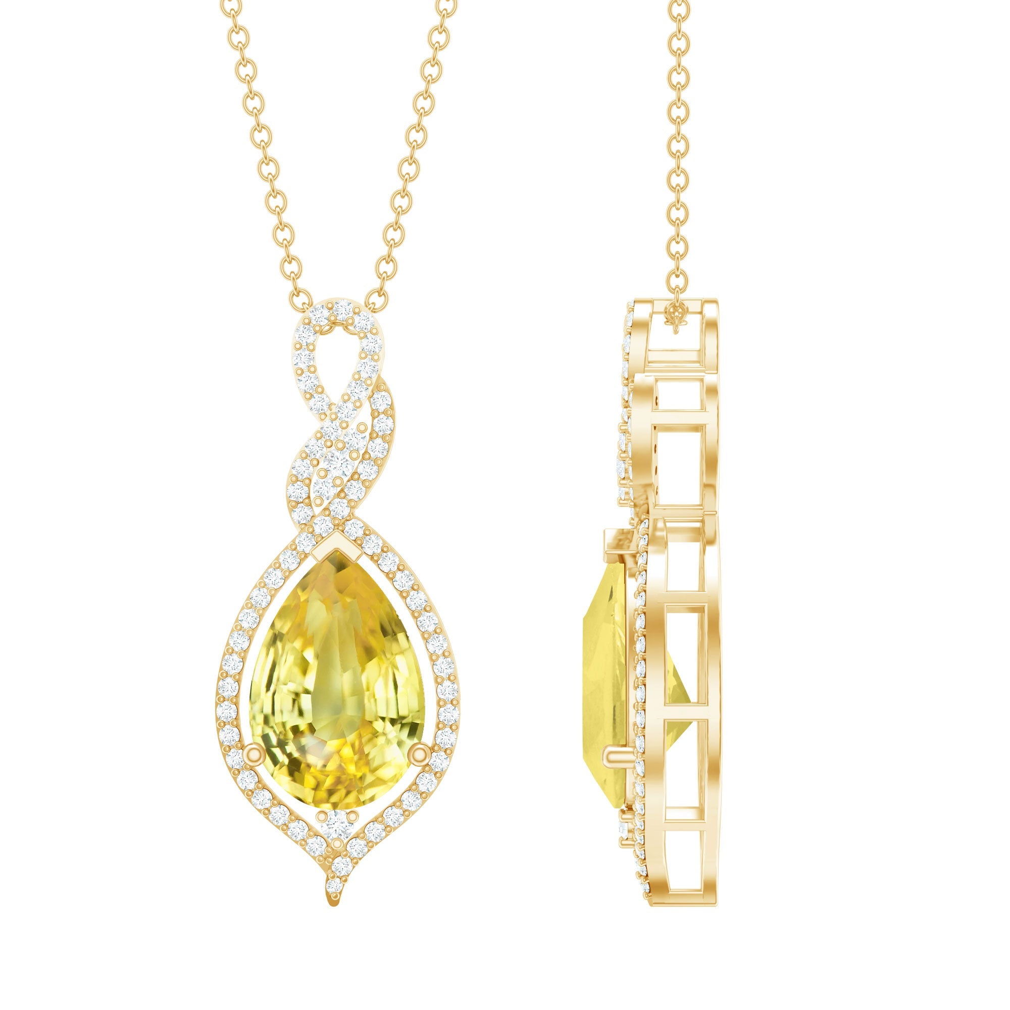 4 Carat Lab Grown Yellow Sapphire Teardrop Necklace with Diamonds