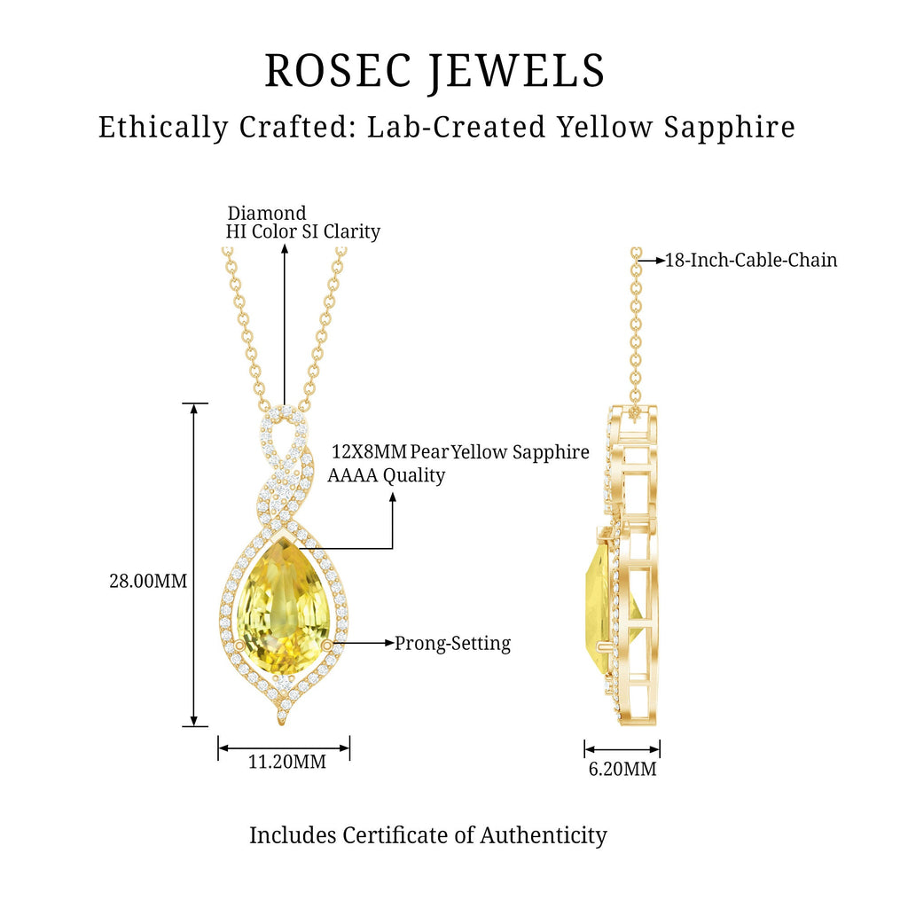 4 Carat Lab Grown Yellow Sapphire Teardrop Necklace with Diamonds