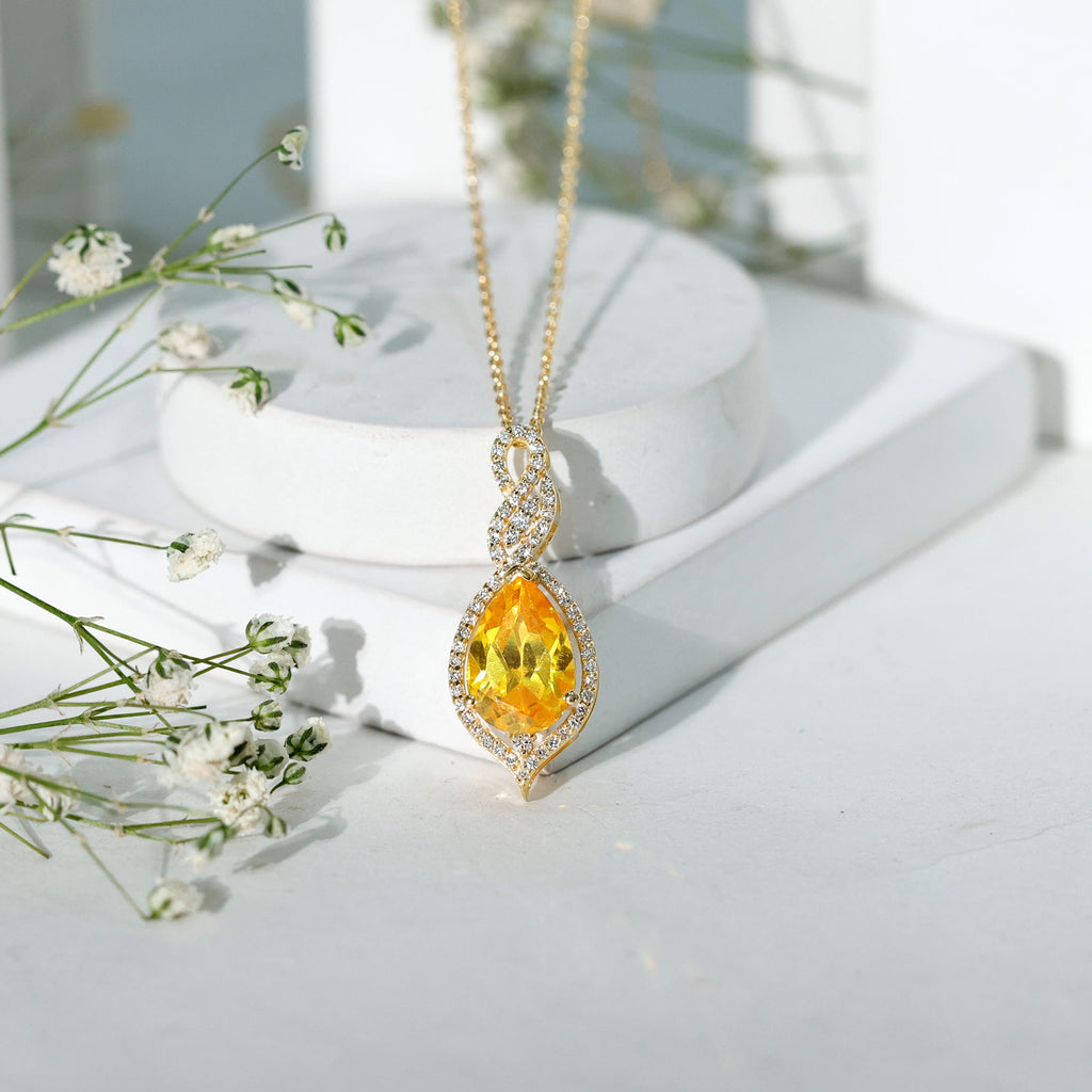 4 Carat Lab Grown Yellow Sapphire Teardrop Necklace with Diamonds
