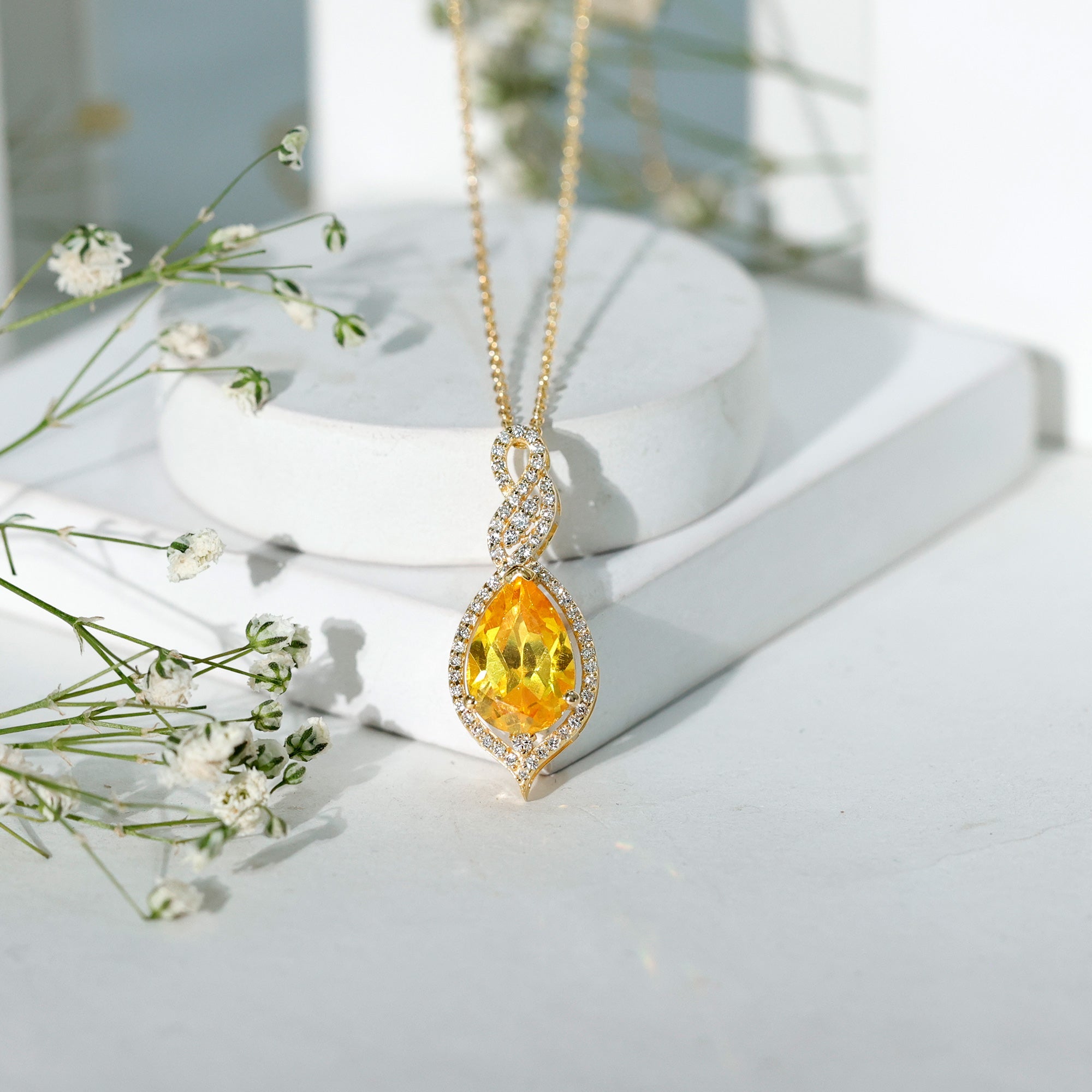 4 Carat Lab Grown Yellow Sapphire Teardrop Necklace with Diamonds