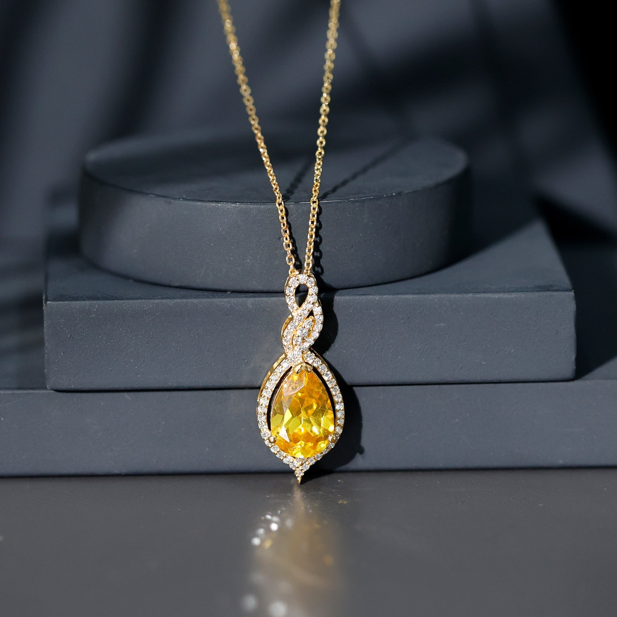4 Carat Lab Grown Yellow Sapphire Teardrop Necklace with Diamonds