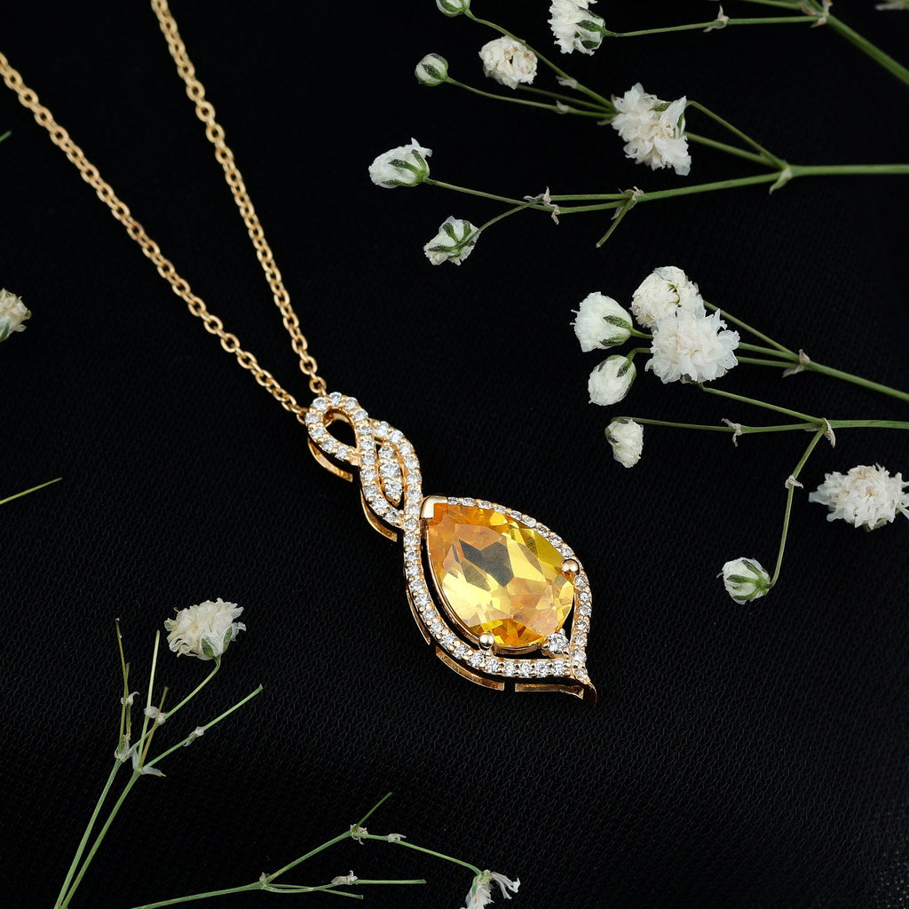 4 Carat Lab Grown Yellow Sapphire Teardrop Necklace with Diamonds