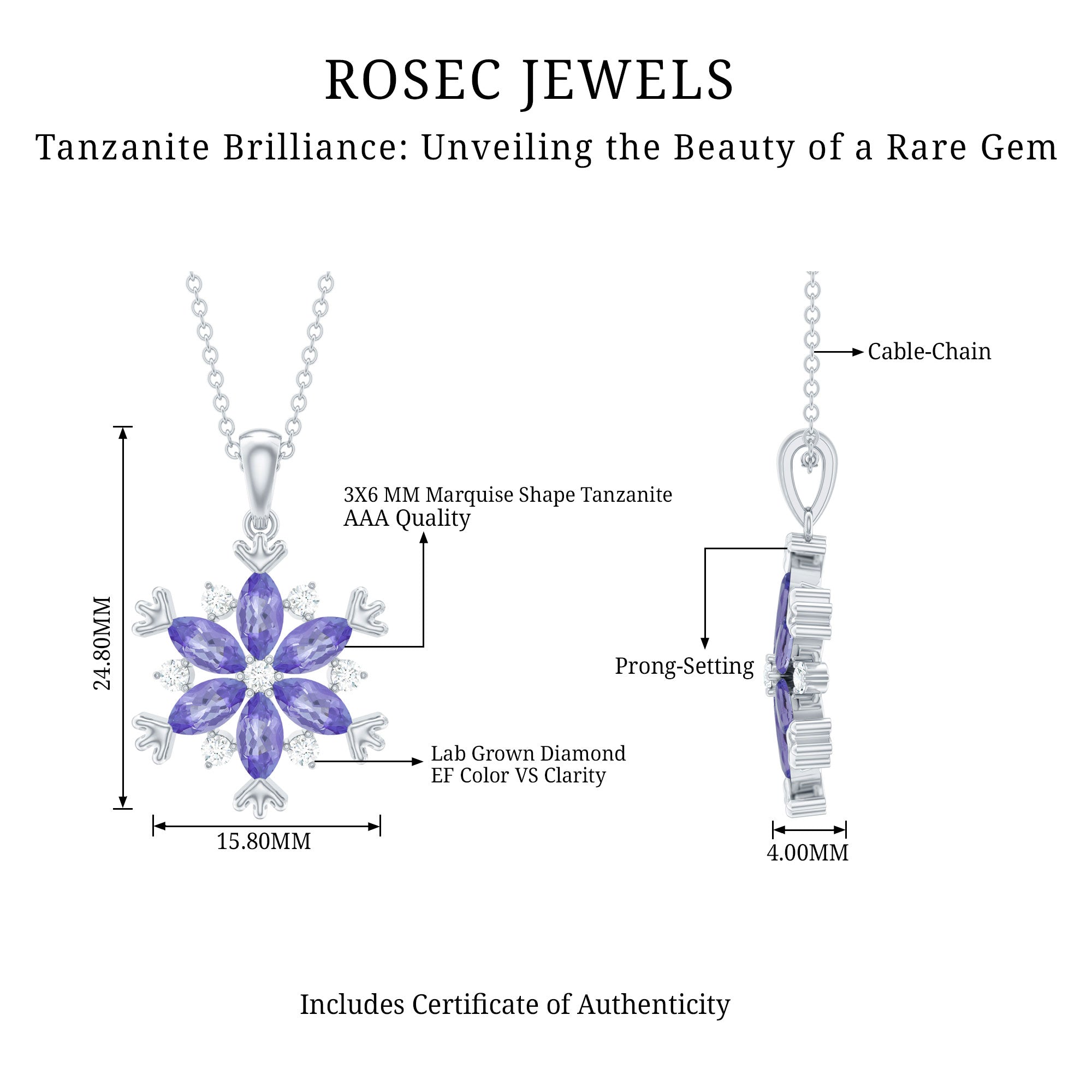 Natural Tanzanite Snowflake Necklace with Lab Diamond