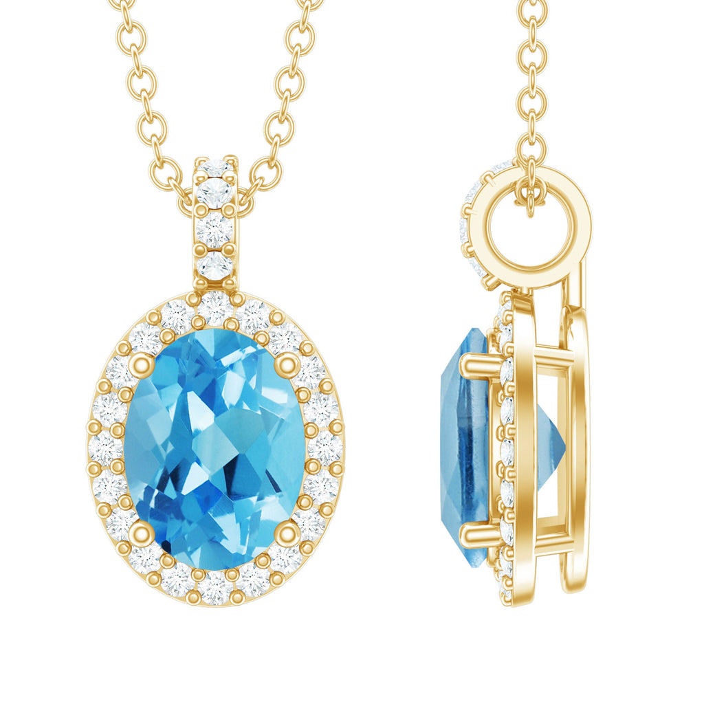 Natural 1 Carat Swiss Blue Topaz and Diamond Halo Necklace With Silver Chain