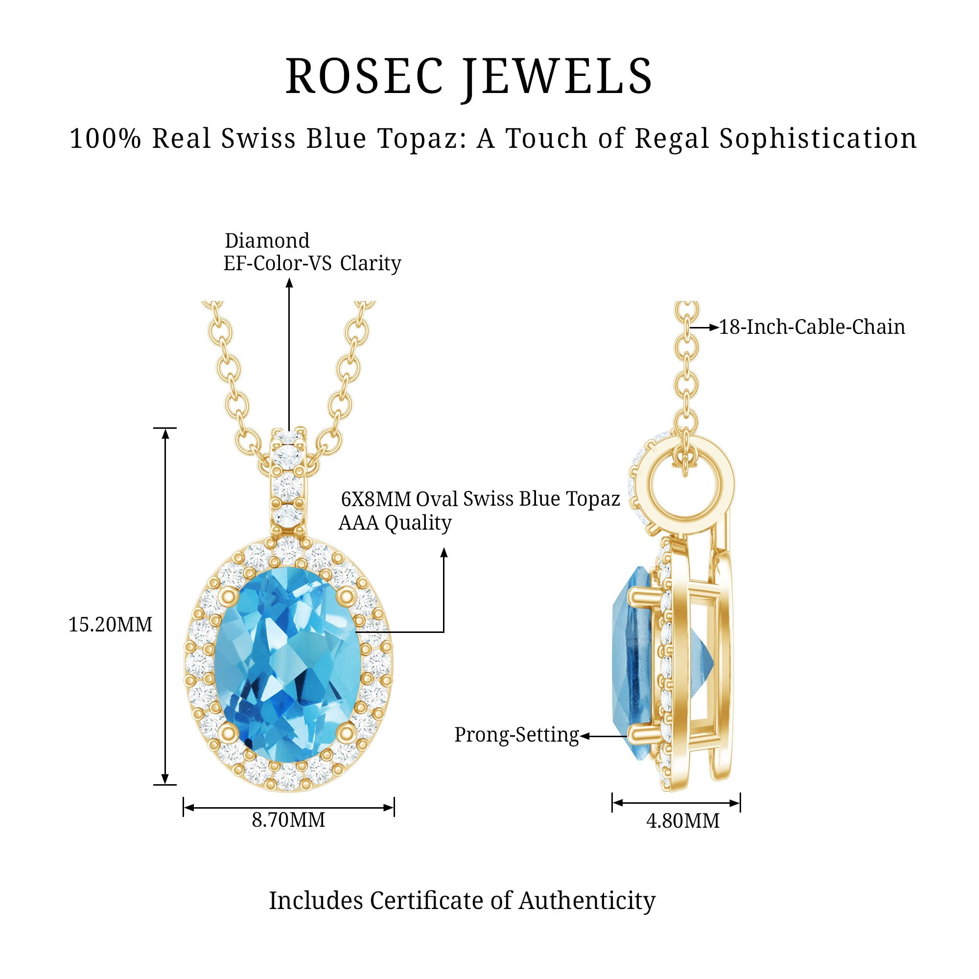 Natural 1 Carat Swiss Blue Topaz and Diamond Halo Necklace With Silver Chain