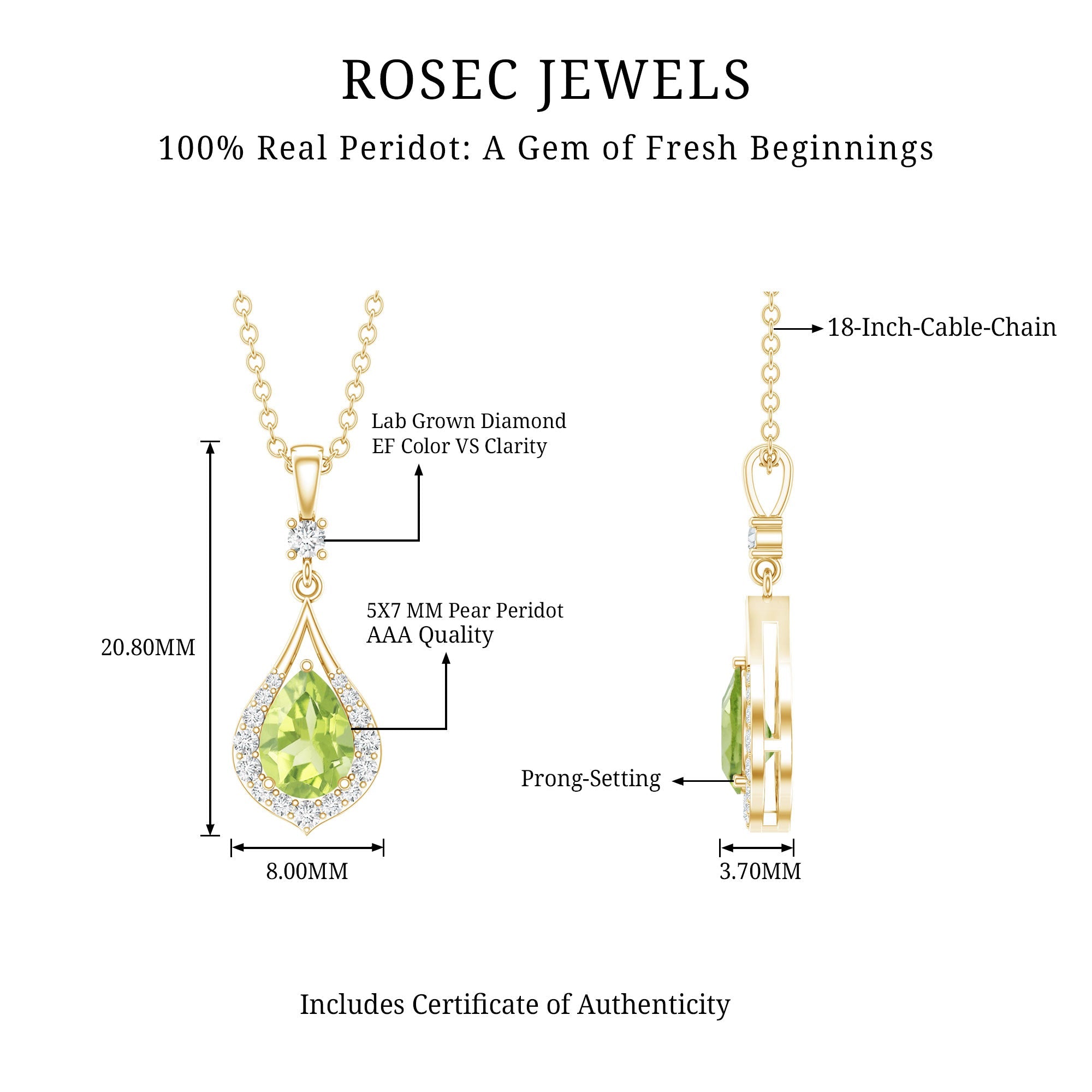 Certified Peridot and Diamond Teardrop Necklace in Gold Plated Silver