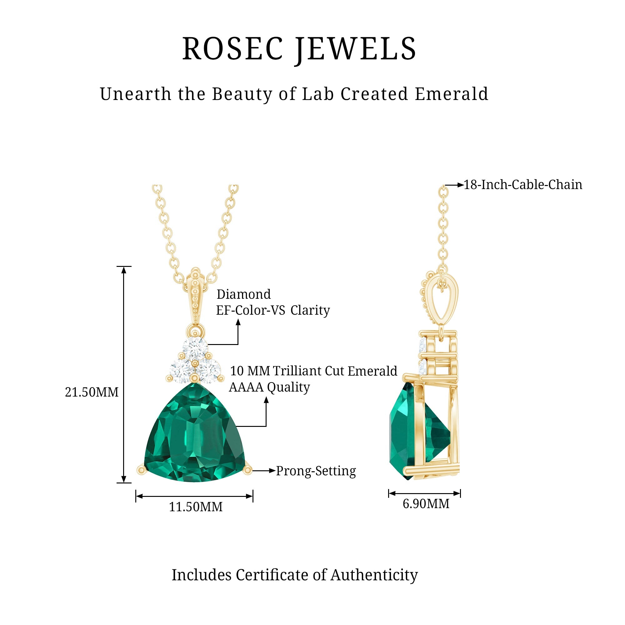 3.5 Carat Trilliant Cut Lab Grown Emerald Diamond Bridal Necklace With Chain