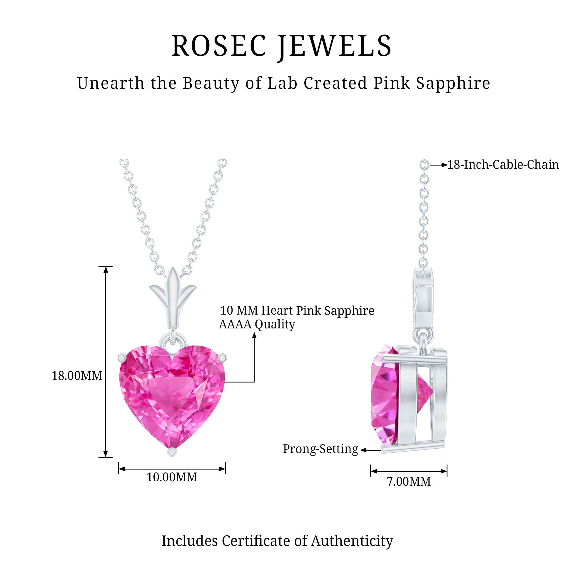 Certified 3.5 Carat Lab Created Pink Sapphire Heart Necklace with Silver Chain