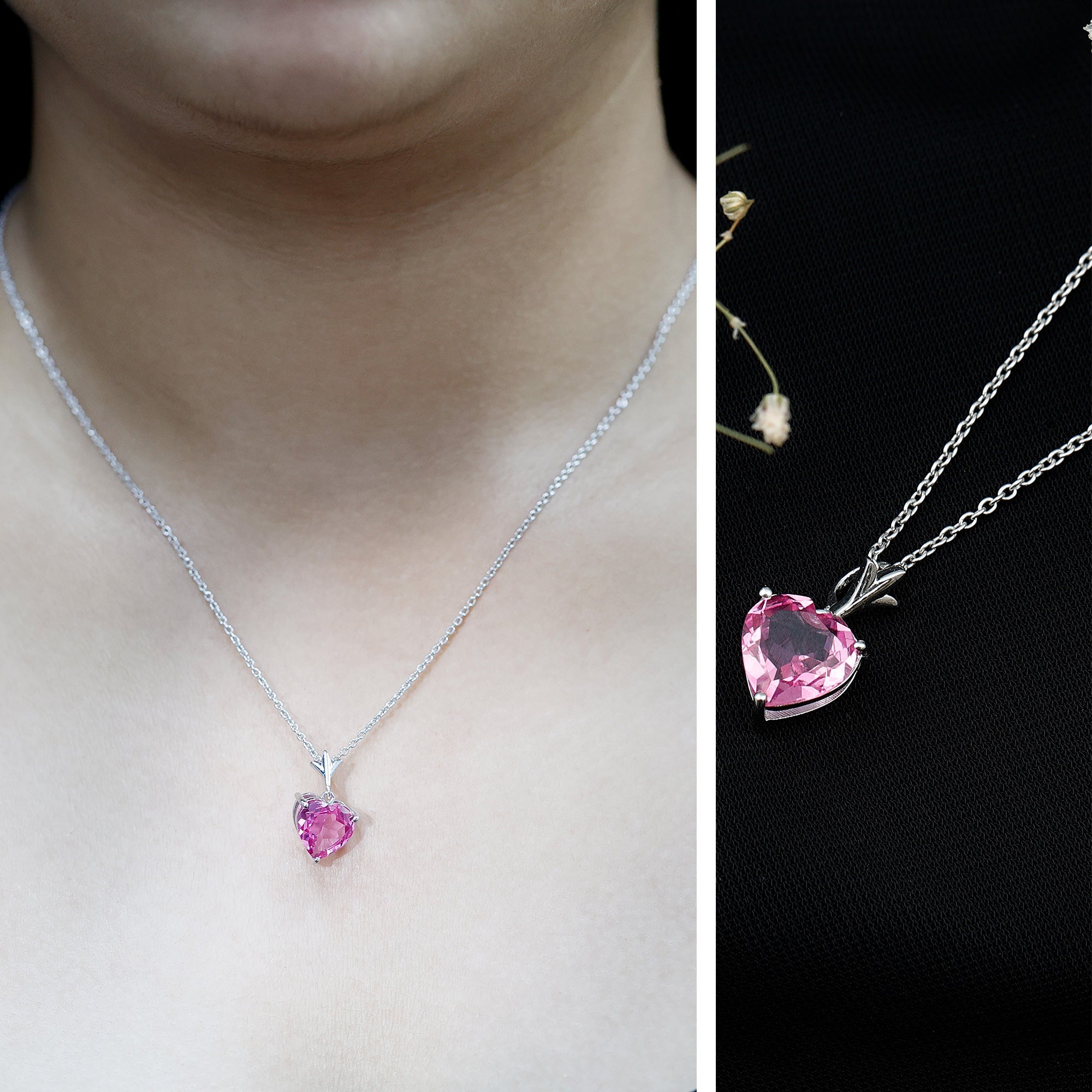 Certified 3.5 Carat Lab Created Pink Sapphire Heart Necklace with Silver Chain