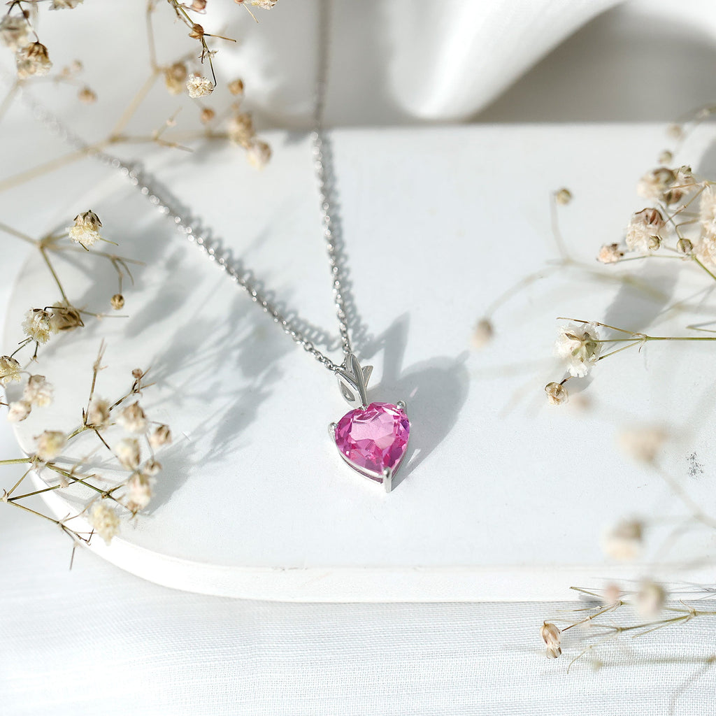 Certified 3.5 Carat Lab Created Pink Sapphire Heart Necklace with Silver Chain