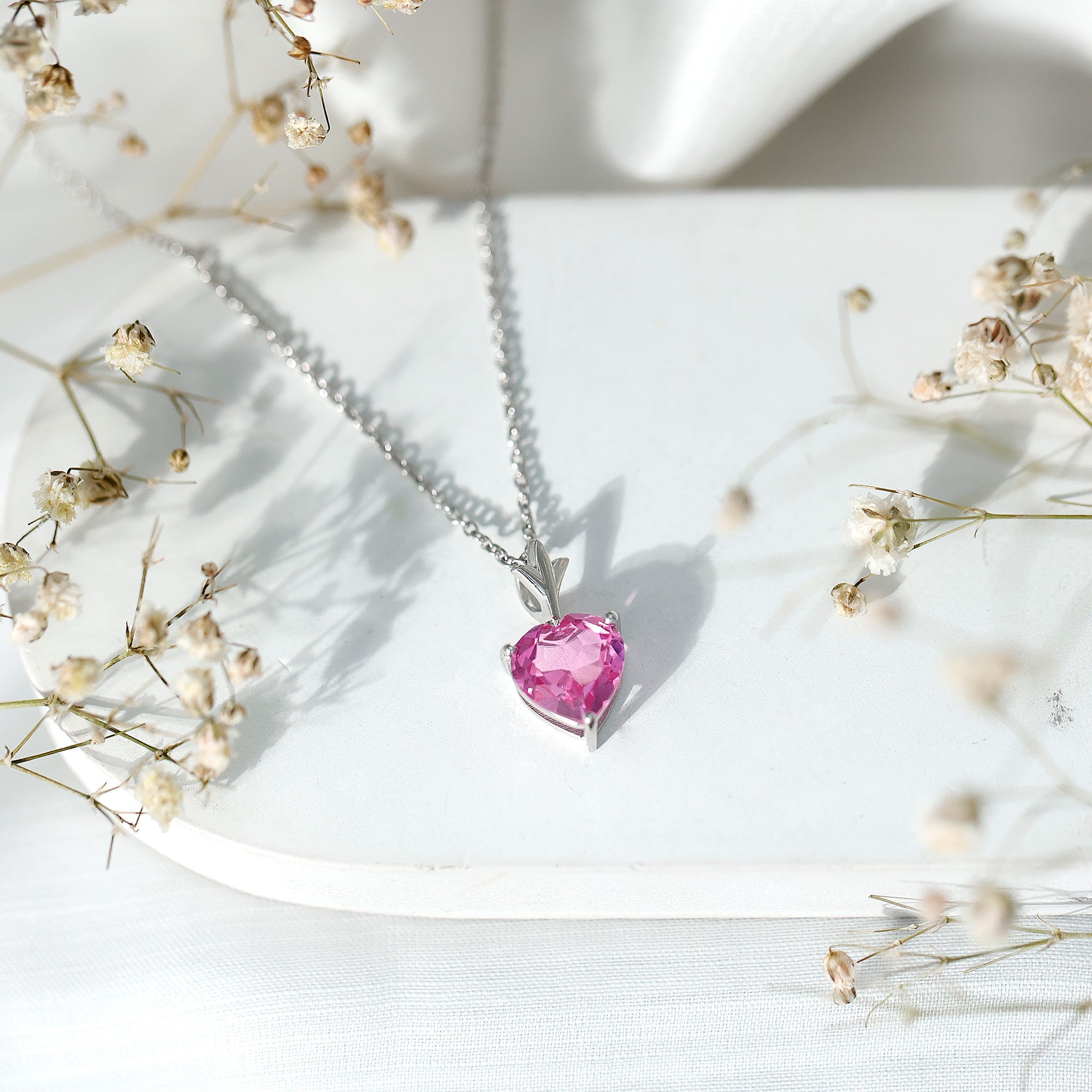 Certified 3.5 Carat Lab Created Pink Sapphire Heart Necklace with Silver Chain