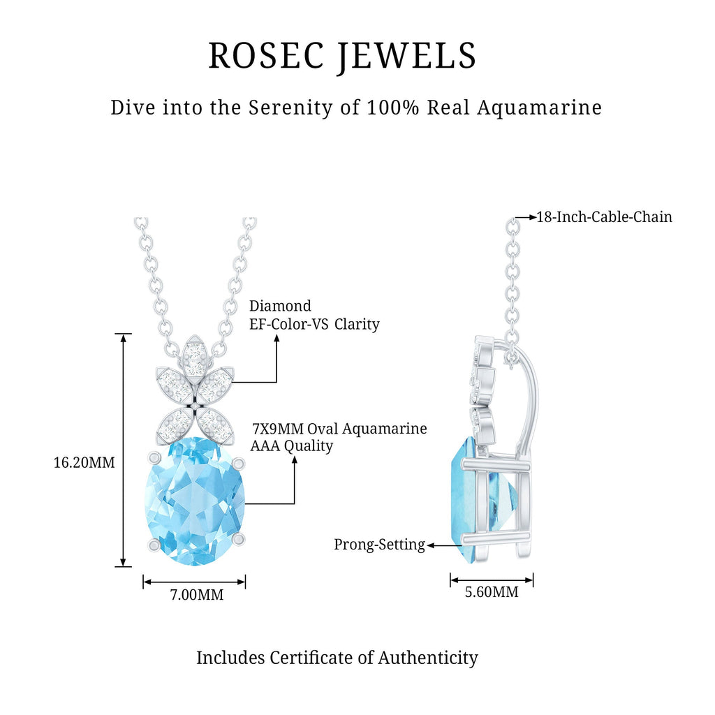 Natural 1.7 CT Oval Aquamarine Flower Necklace with Lab Grown Diamonds