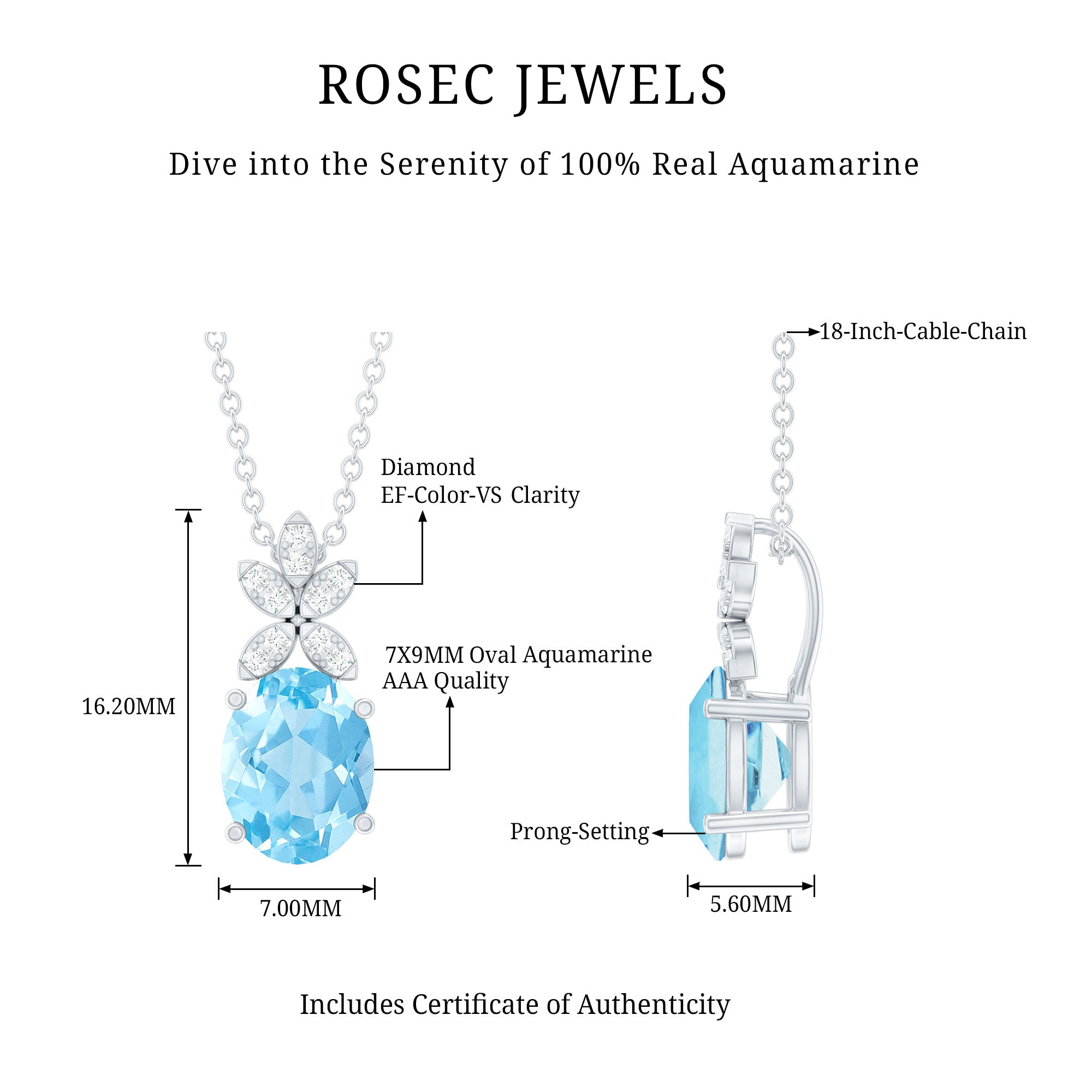 Natural 1.7 CT Oval Aquamarine Flower Necklace with Lab Grown Diamonds