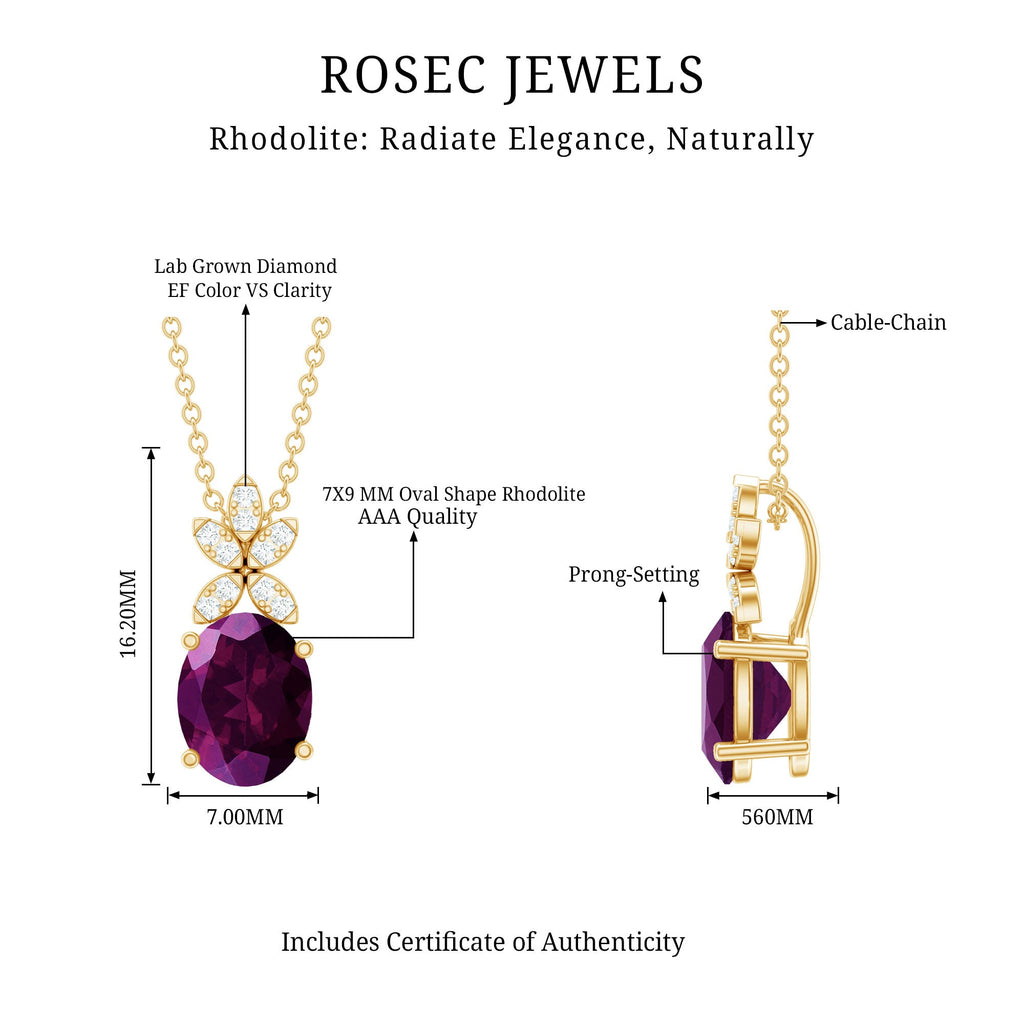 Oval 2.5 Carat Rhodolite Pendant Necklace with Diamond Flower