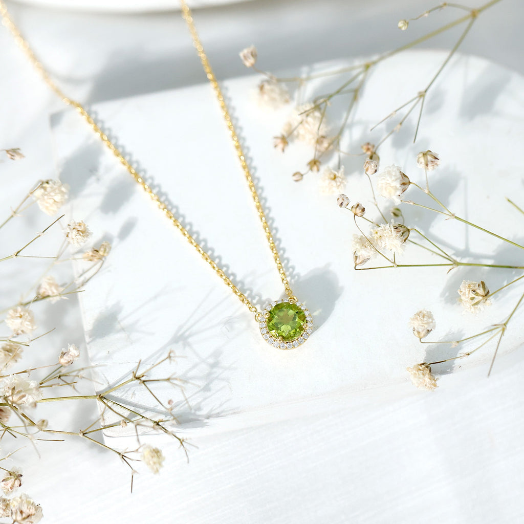 Genuine 2 Carat Peridot and Diamond Halo Necklace