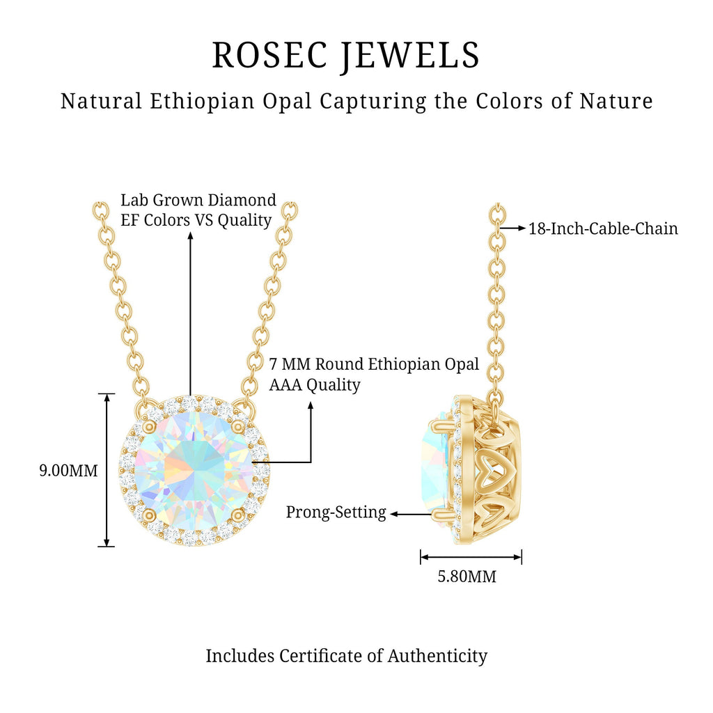 7MM Ethiopian Opal and Diamond Halo Necklace in Silver