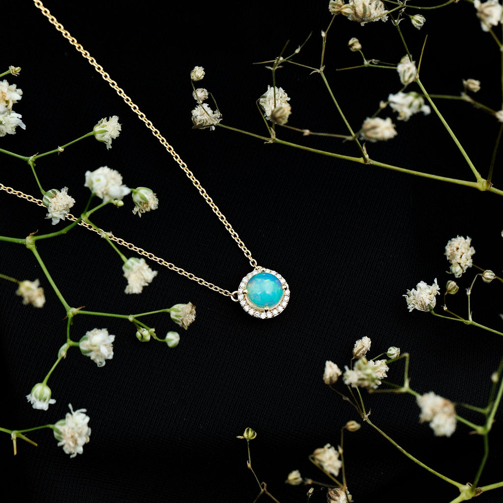 7MM Ethiopian Opal and Diamond Halo Necklace in Silver