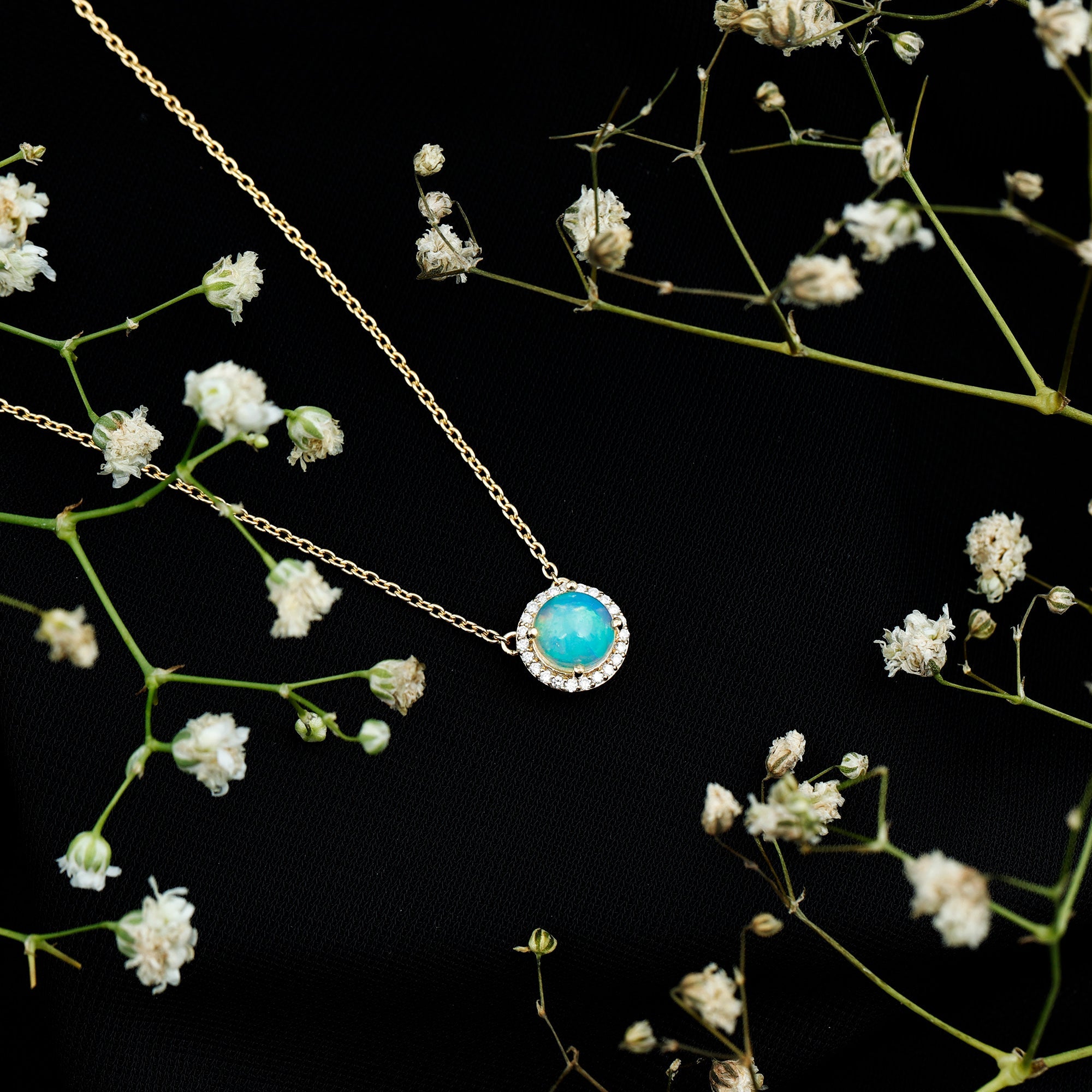 7MM Ethiopian Opal and Diamond Halo Necklace in Silver