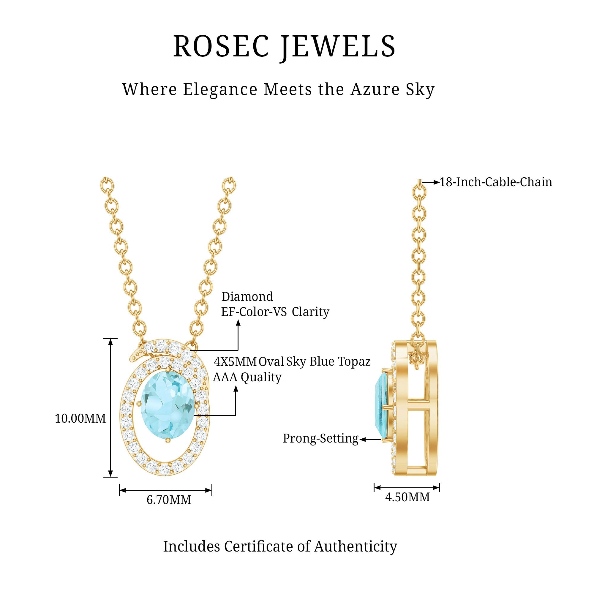 Natural Oval Sky Blue Topaz Diamond Necklace with Silver Chain