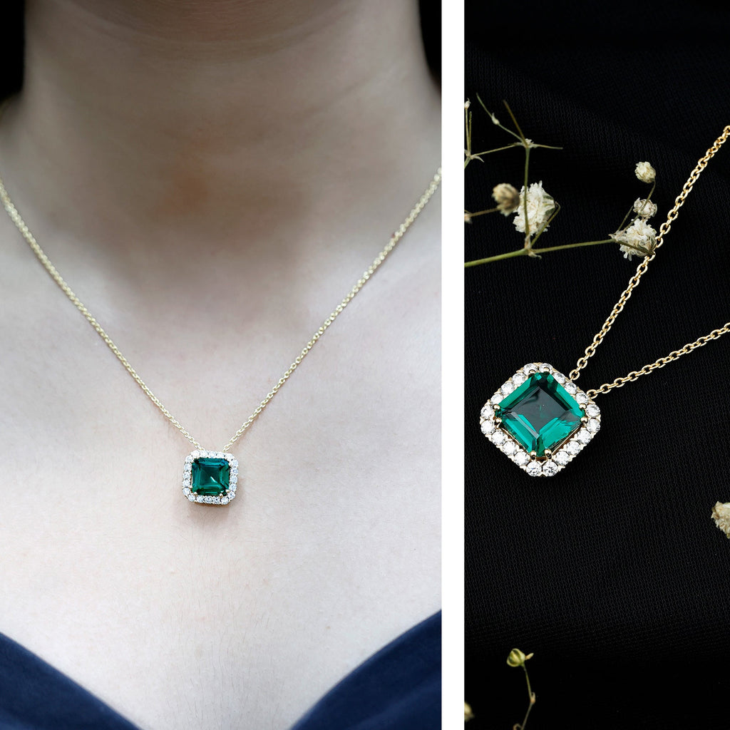 2.5 CT Asscher Cut Lab Grown Emerald Halo Necklace with Moissanite