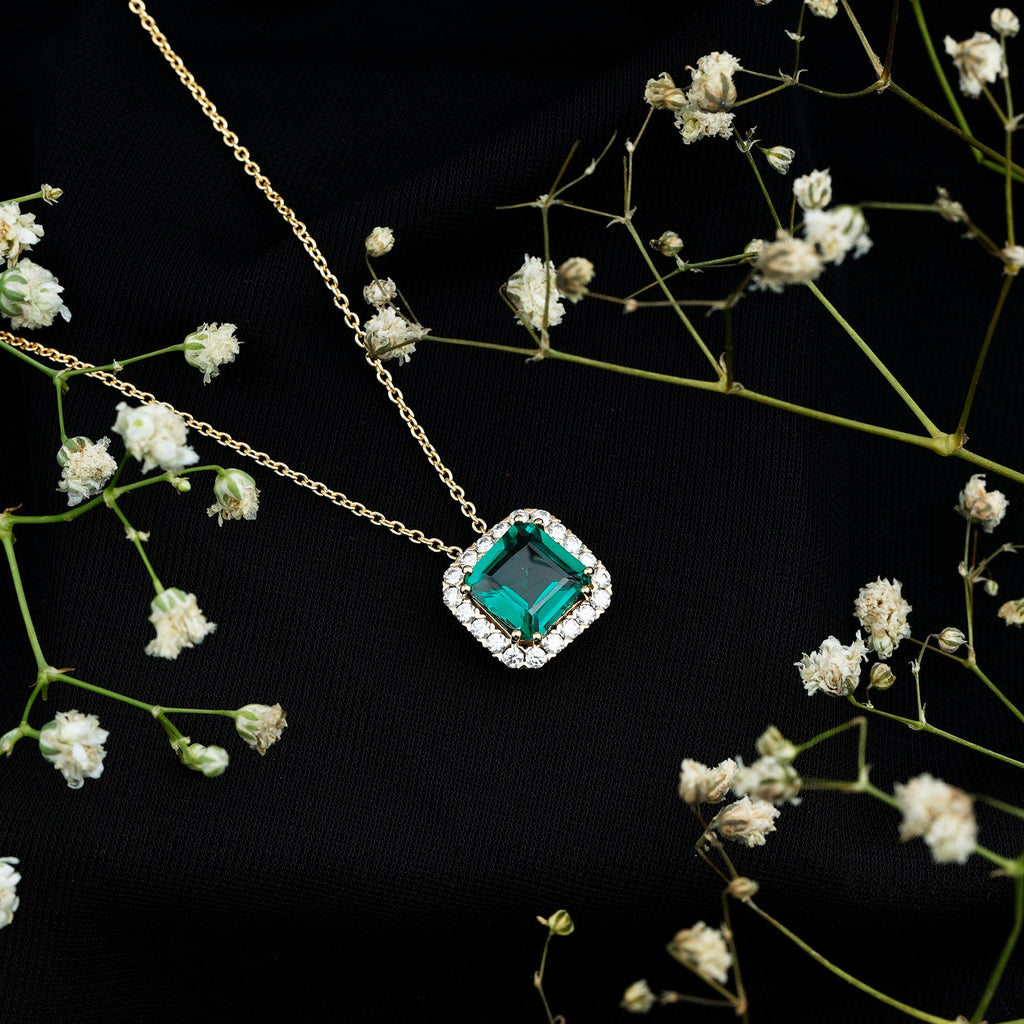 2.5 CT Asscher Cut Lab Grown Emerald Halo Necklace with Moissanite