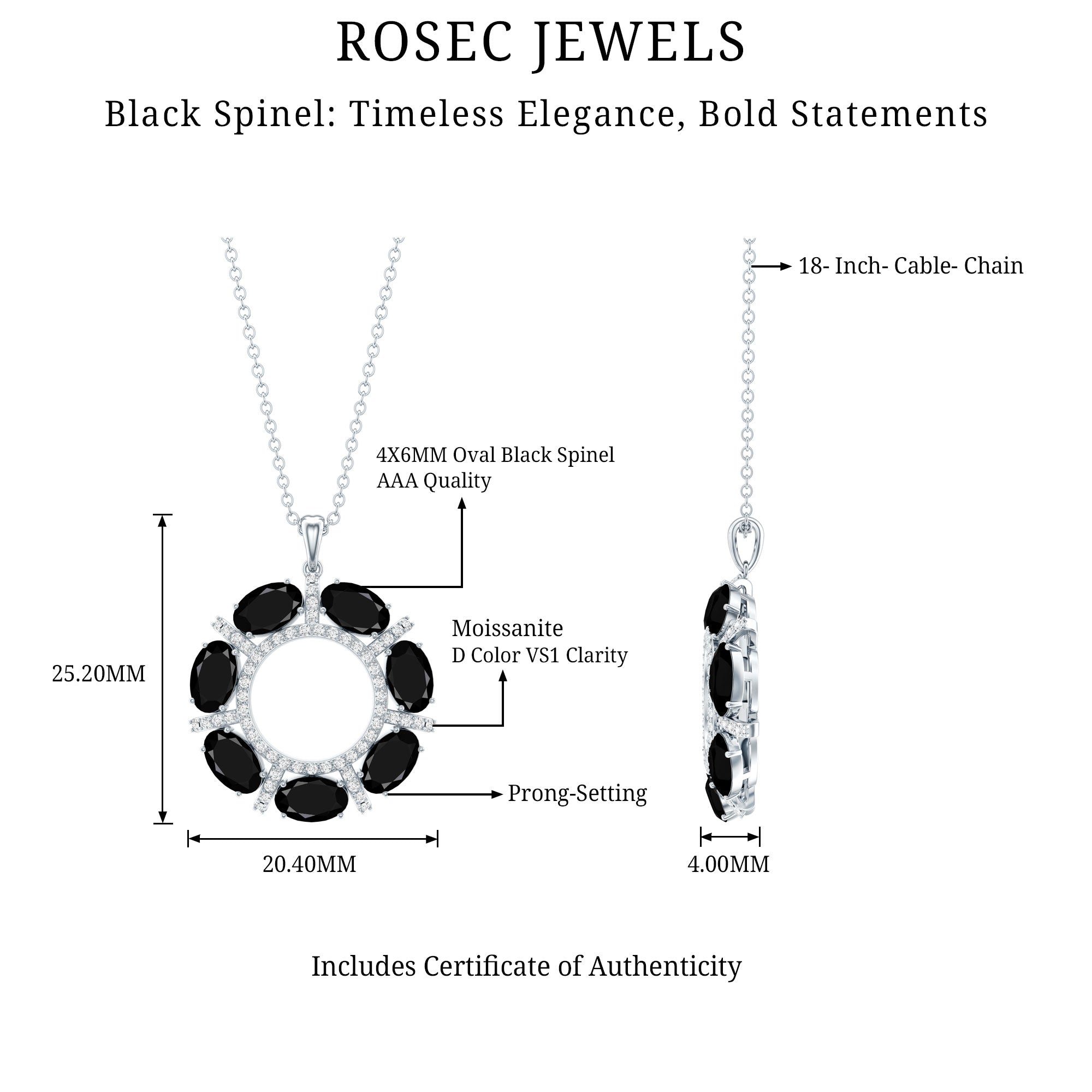 3 CT Oval Cut Black Spinel Elegant Pendant with Moissanite
