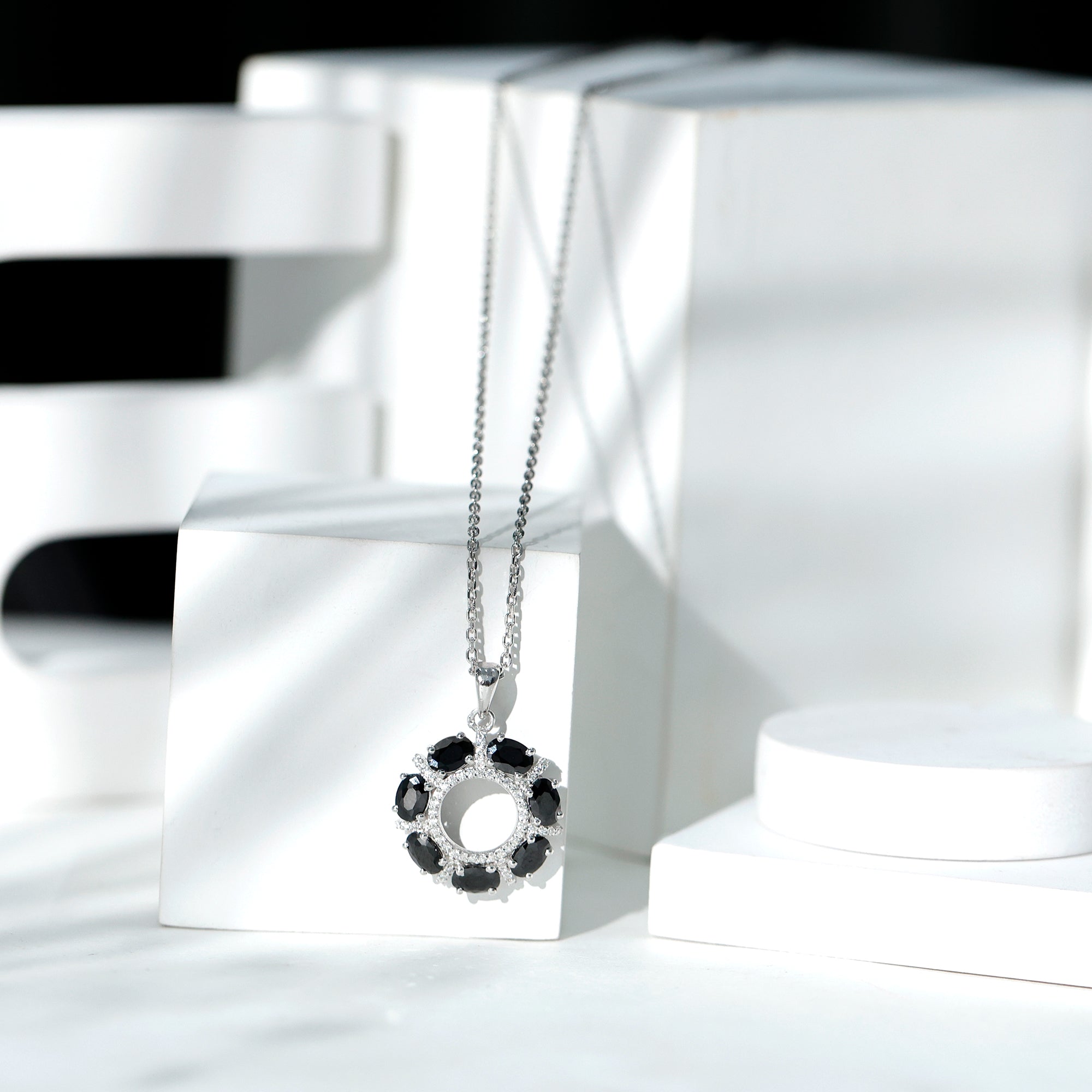 3 CT Oval Cut Black Spinel Eternity Necklace with Silver Chain