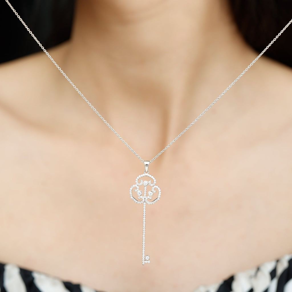Certified Moissanite Vintage Key Pendant Necklace