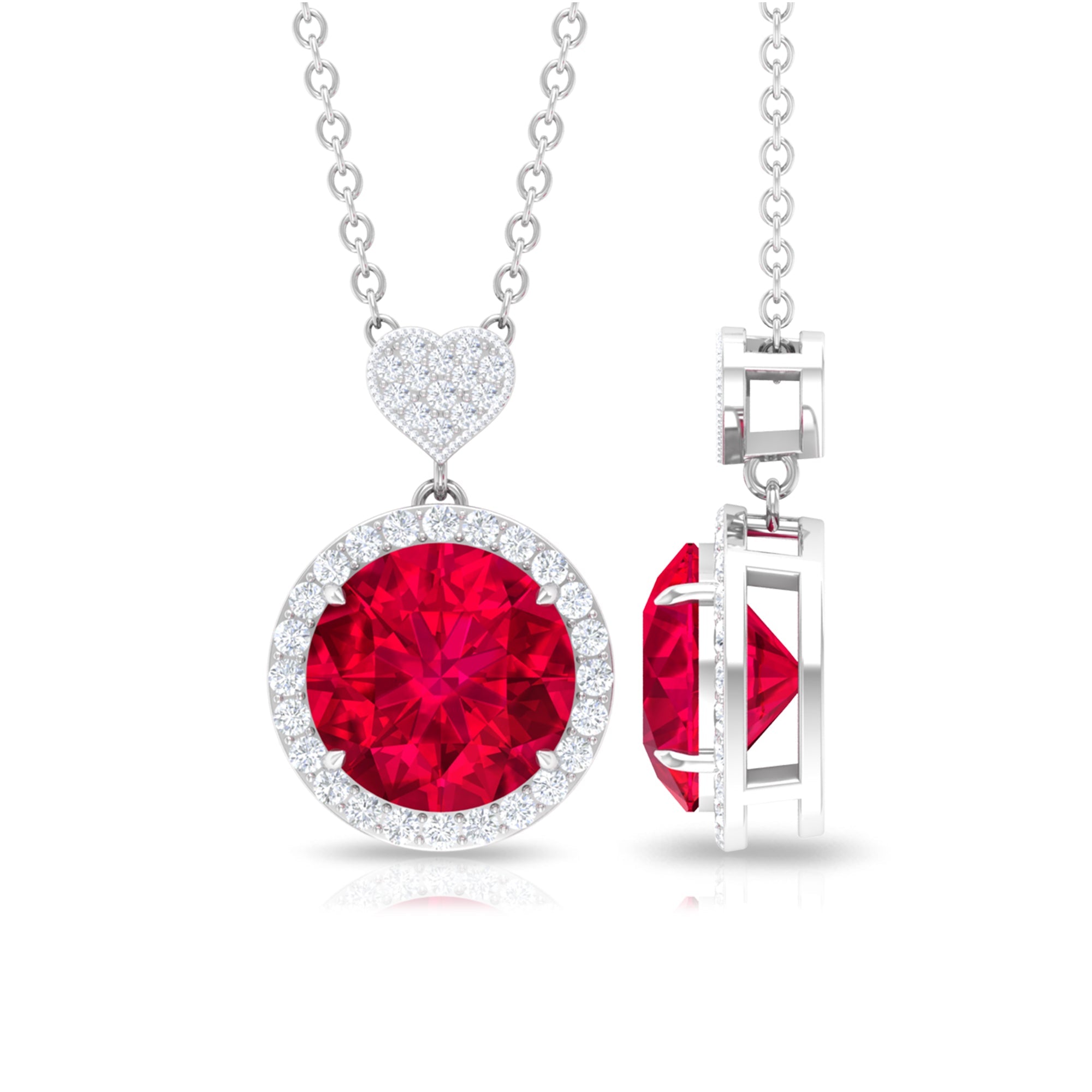 Lab Created Ruby Halo Necklace with Diamond Heart