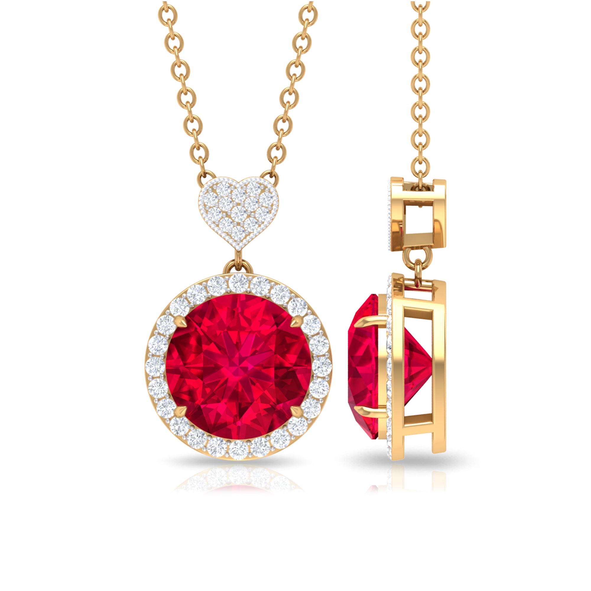 Lab Created Ruby Halo Necklace with Diamond Heart