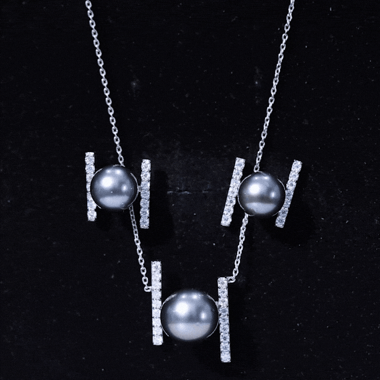 Black Tahitian Pearl Necklace and Earrings Set with Moissanite