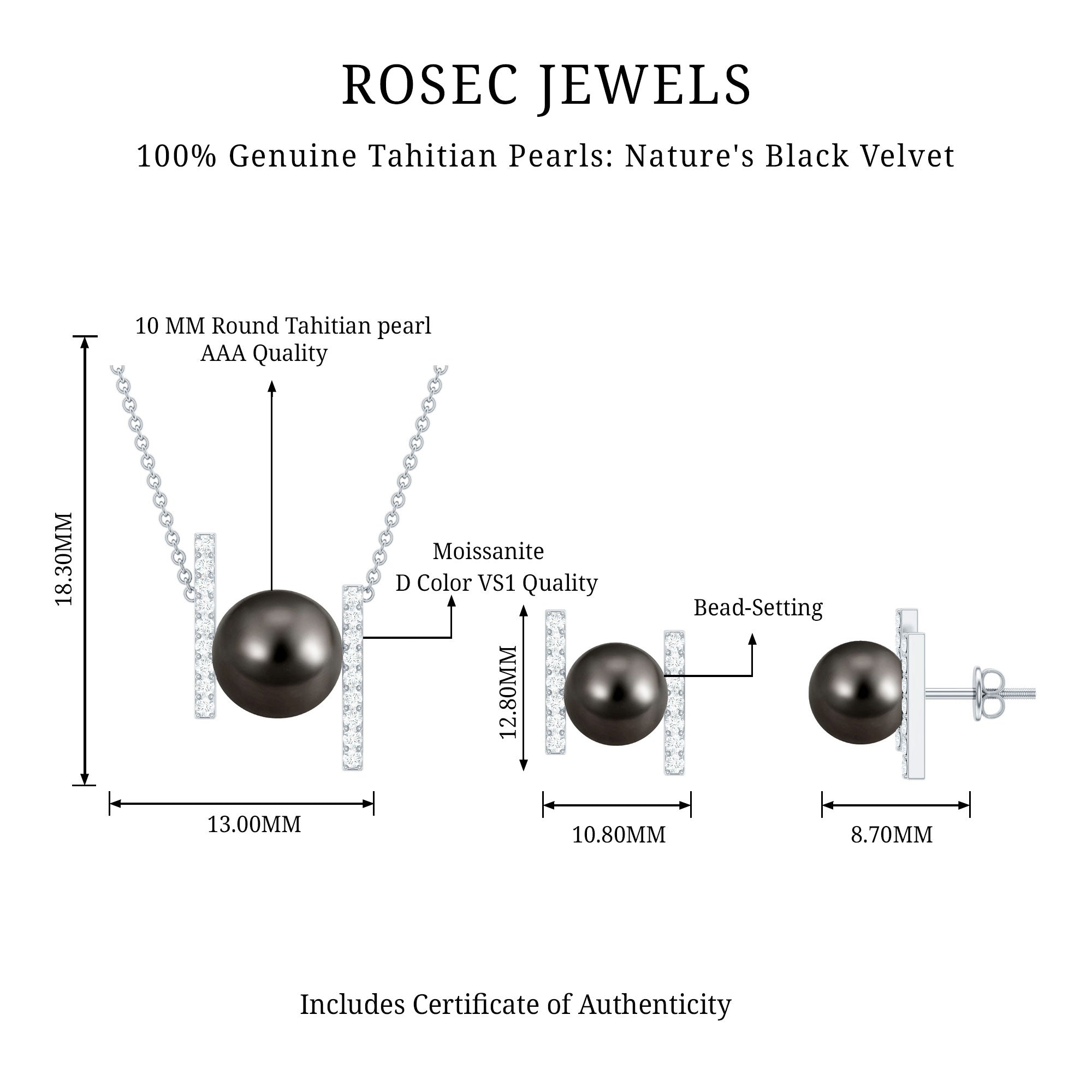 Black Tahitian Pearl Necklace and Earrings Set with Moissanite