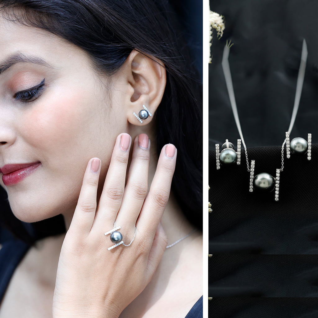 Black Tahitian Pearl Necklace and Earrings Set with Moissanite