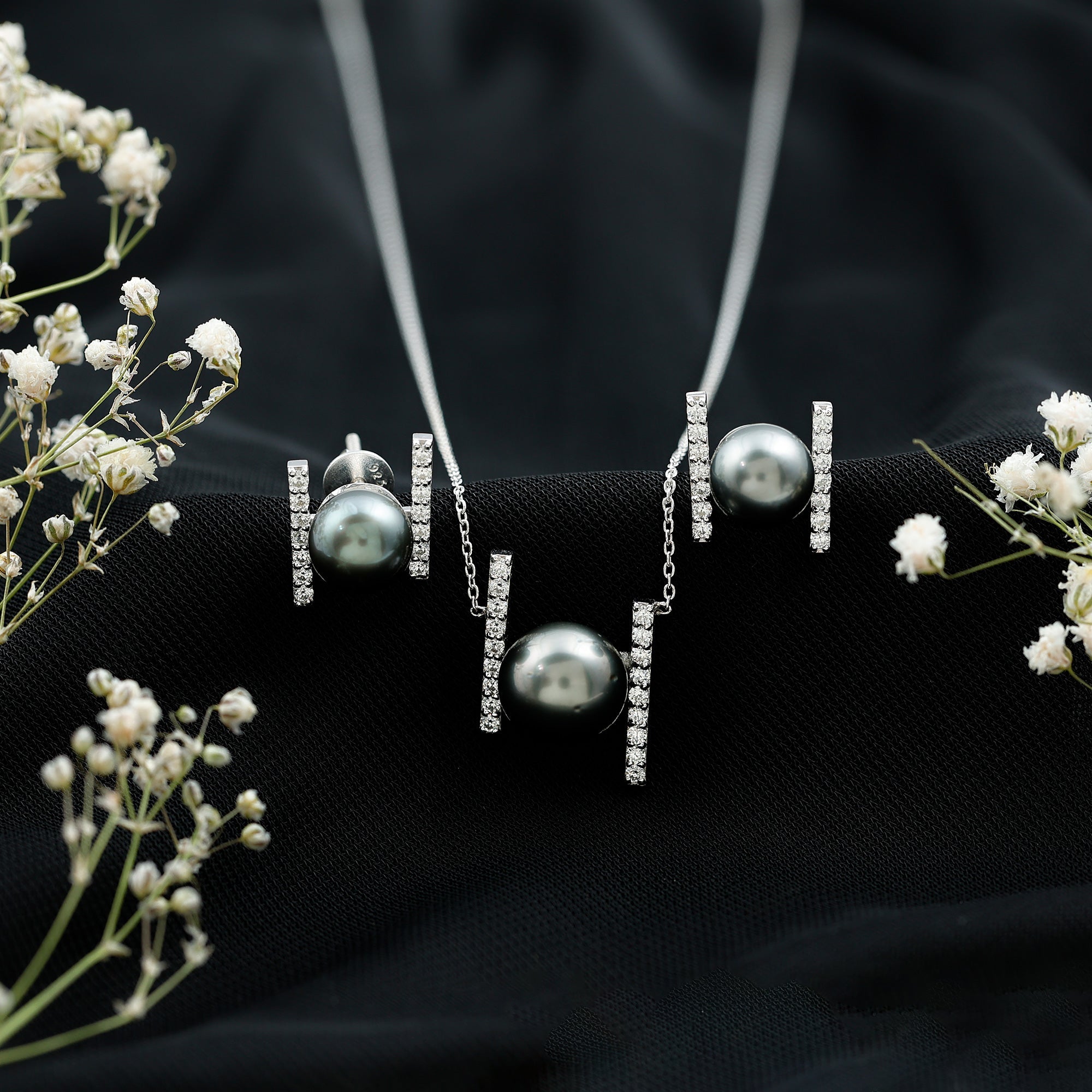 Black Tahitian Pearl Necklace and Earrings Set with Moissanite